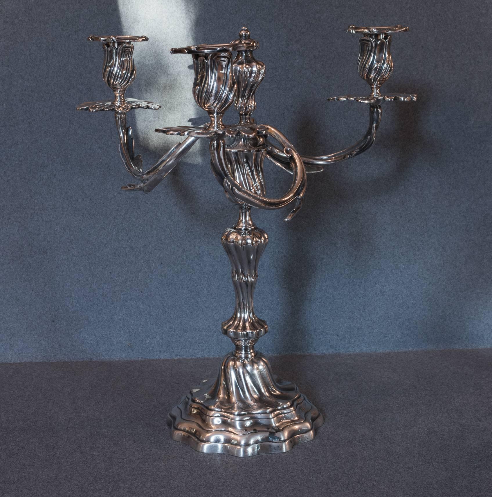 19th Century French Louis XV Style Pair of Silver Plate Candelabras, circa 1850-1860