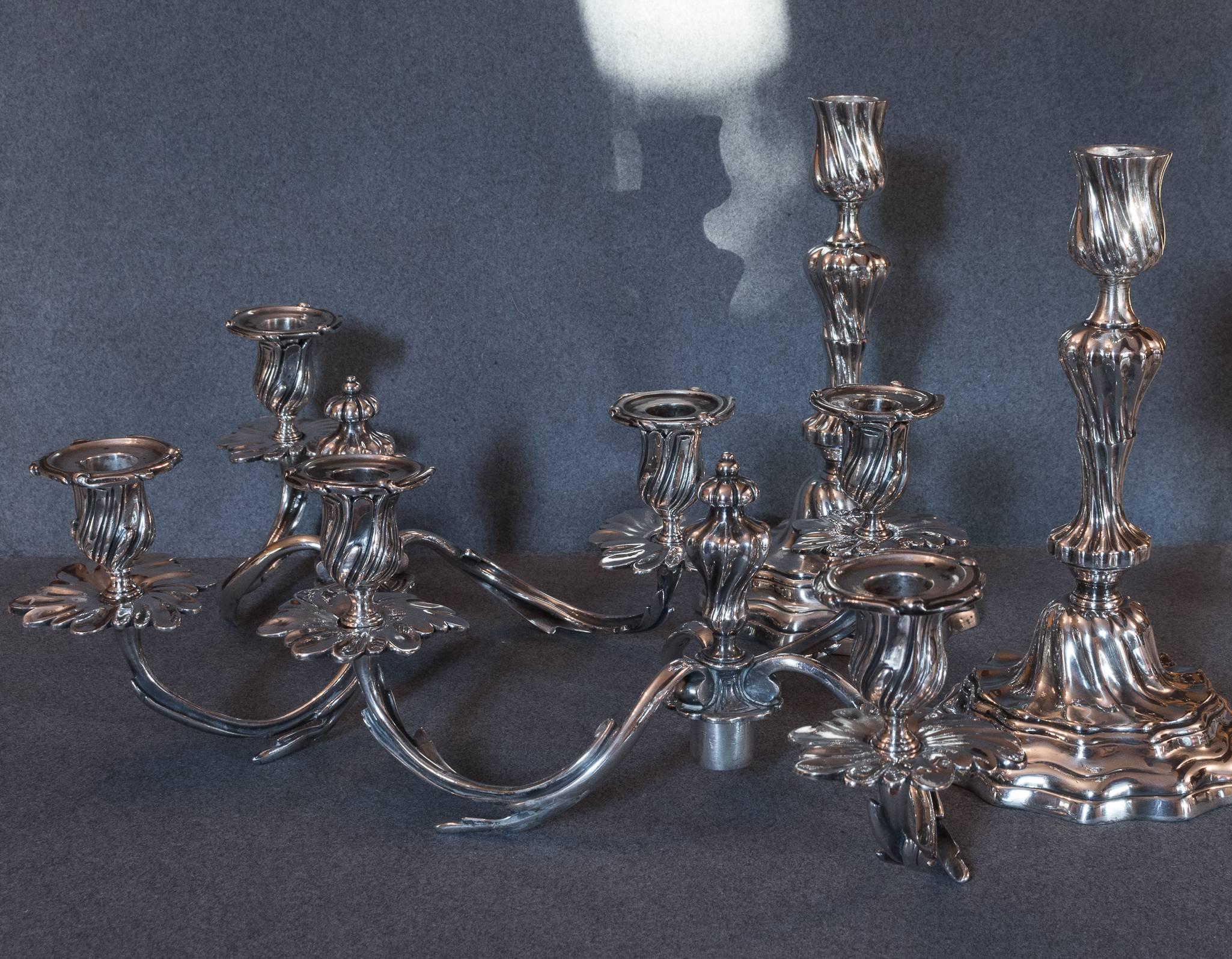 French Louis XV Style Pair of Silver Plate Candelabras, circa 1850-1860 4