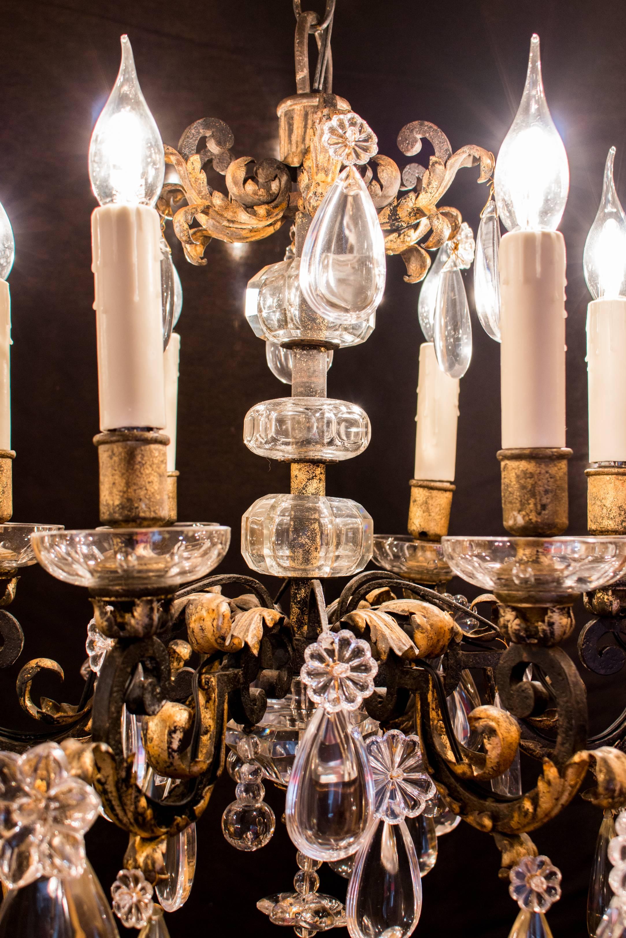 French Iron and Crystal Chandelier Attributed to Maison Baguès, circa 1940 In Excellent Condition In Saint Ouen, FR