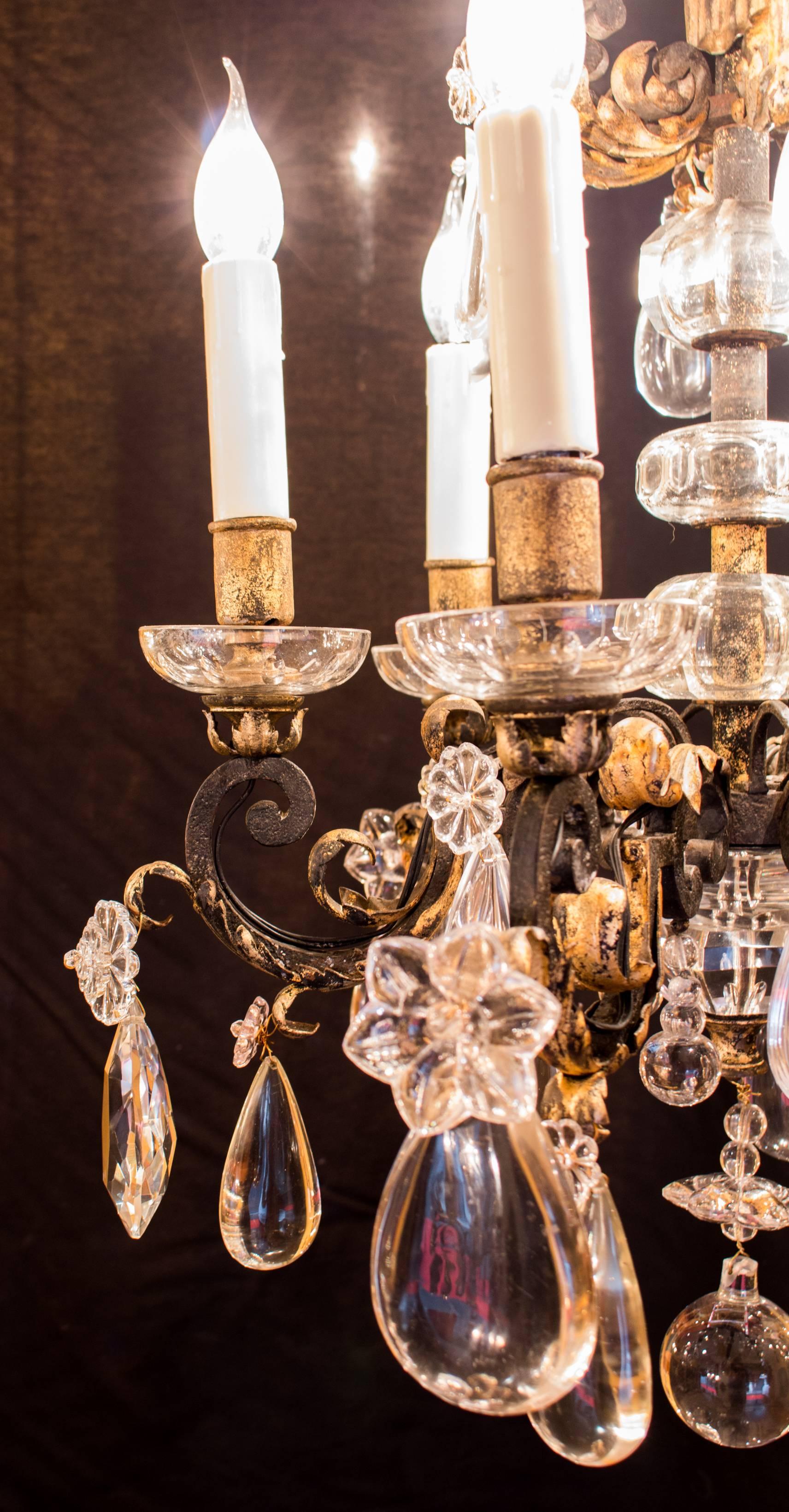 Wrought Iron French Iron and Crystal Chandelier Attributed to Maison Baguès, circa 1940