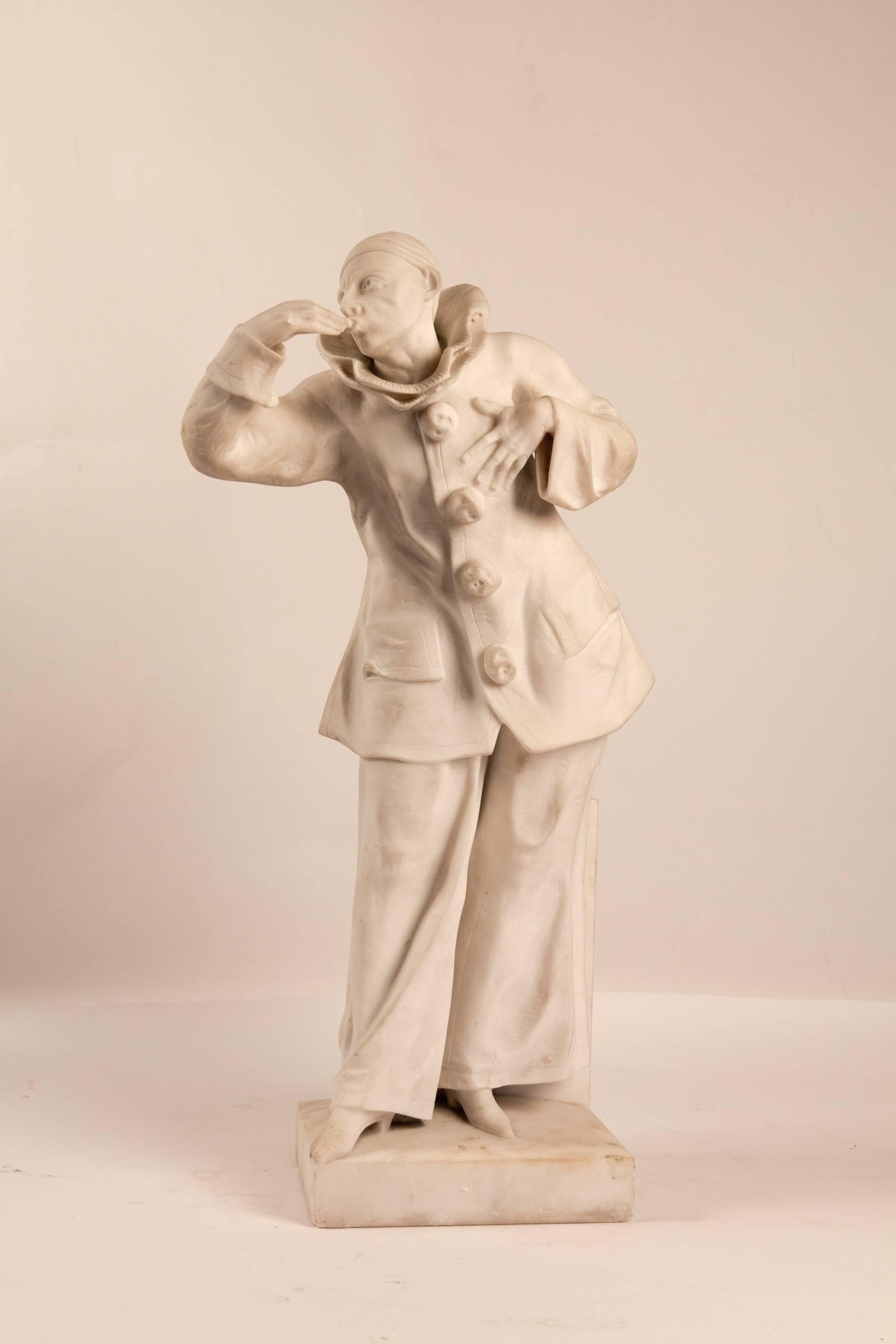 Fine quality hand-carved Carrara marble Pierrot sculpture signed by John Mayne Van Der Kemp. 
Belgium work early 20th century, circa 1920-1930.

Dimensions: 25.19 in H, 13.77 in W, 7.87 in D.