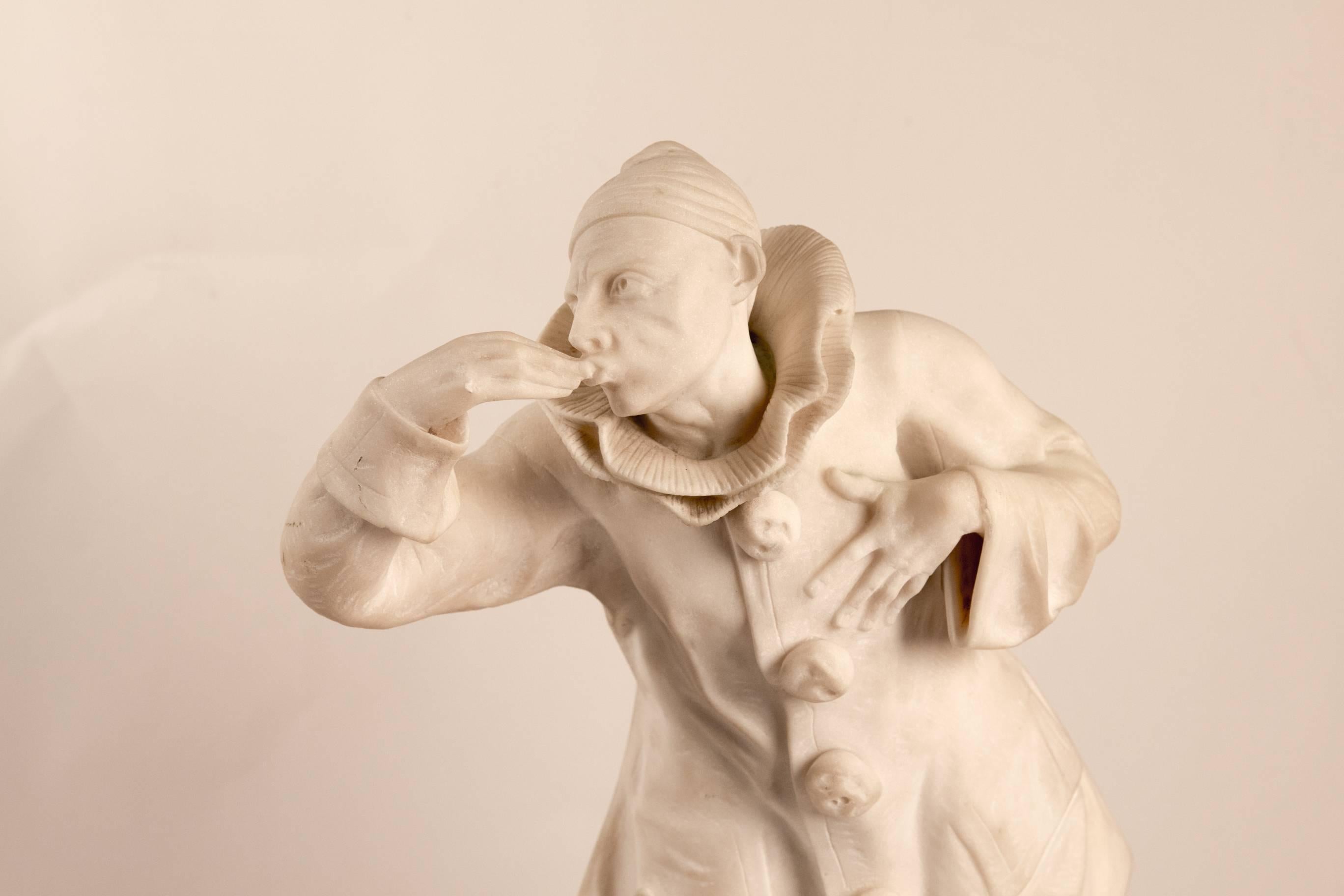 French Belgium Marble Pierrot Sculpture by John Mayne Van Der Kemp, circa 1910-1920