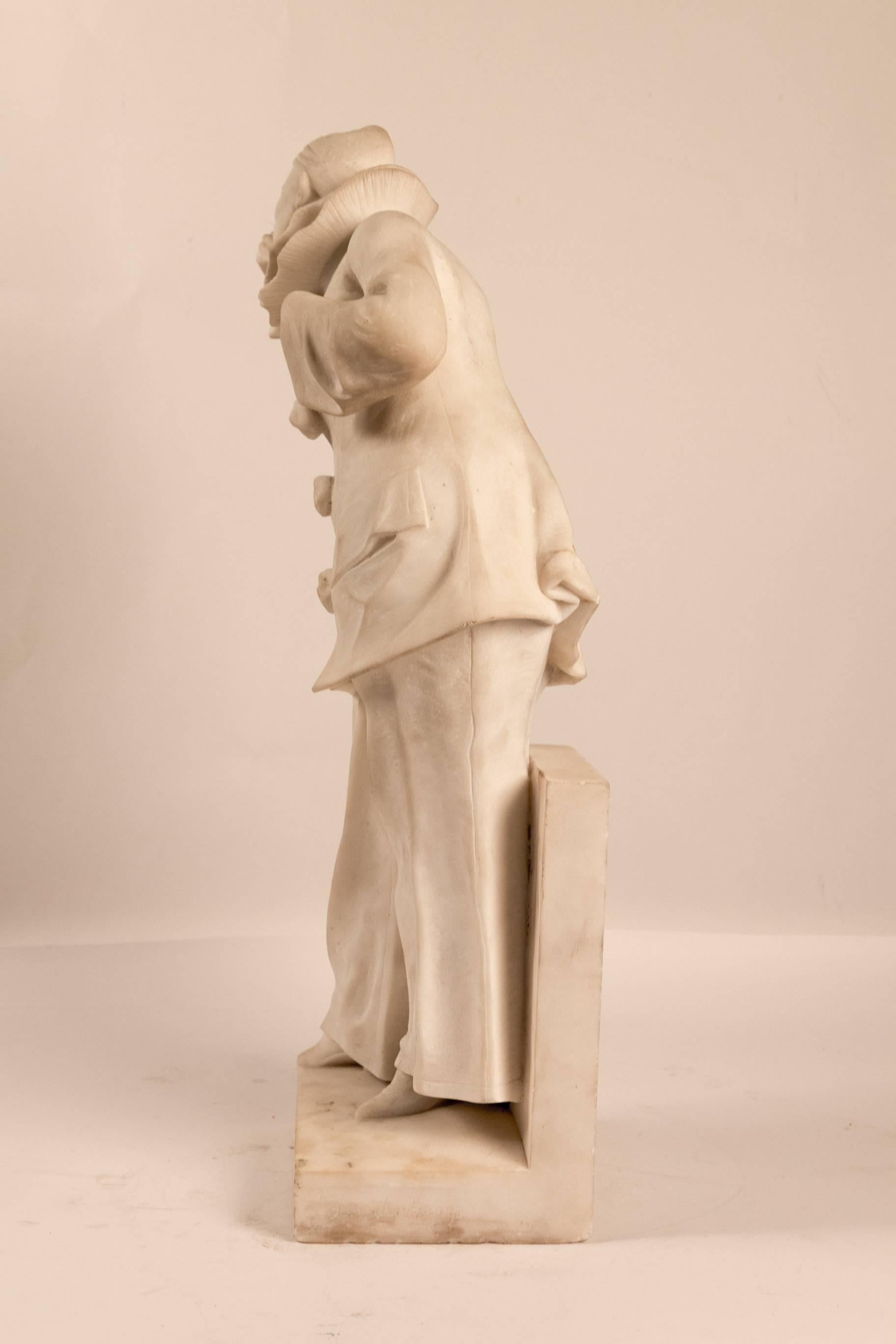 Hand-Carved Belgium Marble Pierrot Sculpture by John Mayne Van Der Kemp, circa 1910-1920