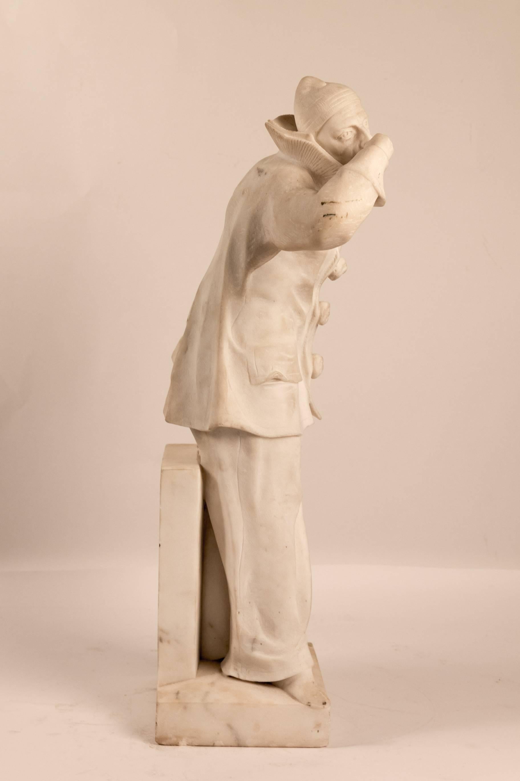 20th Century Belgium Marble Pierrot Sculpture by John Mayne Van Der Kemp, circa 1910-1920