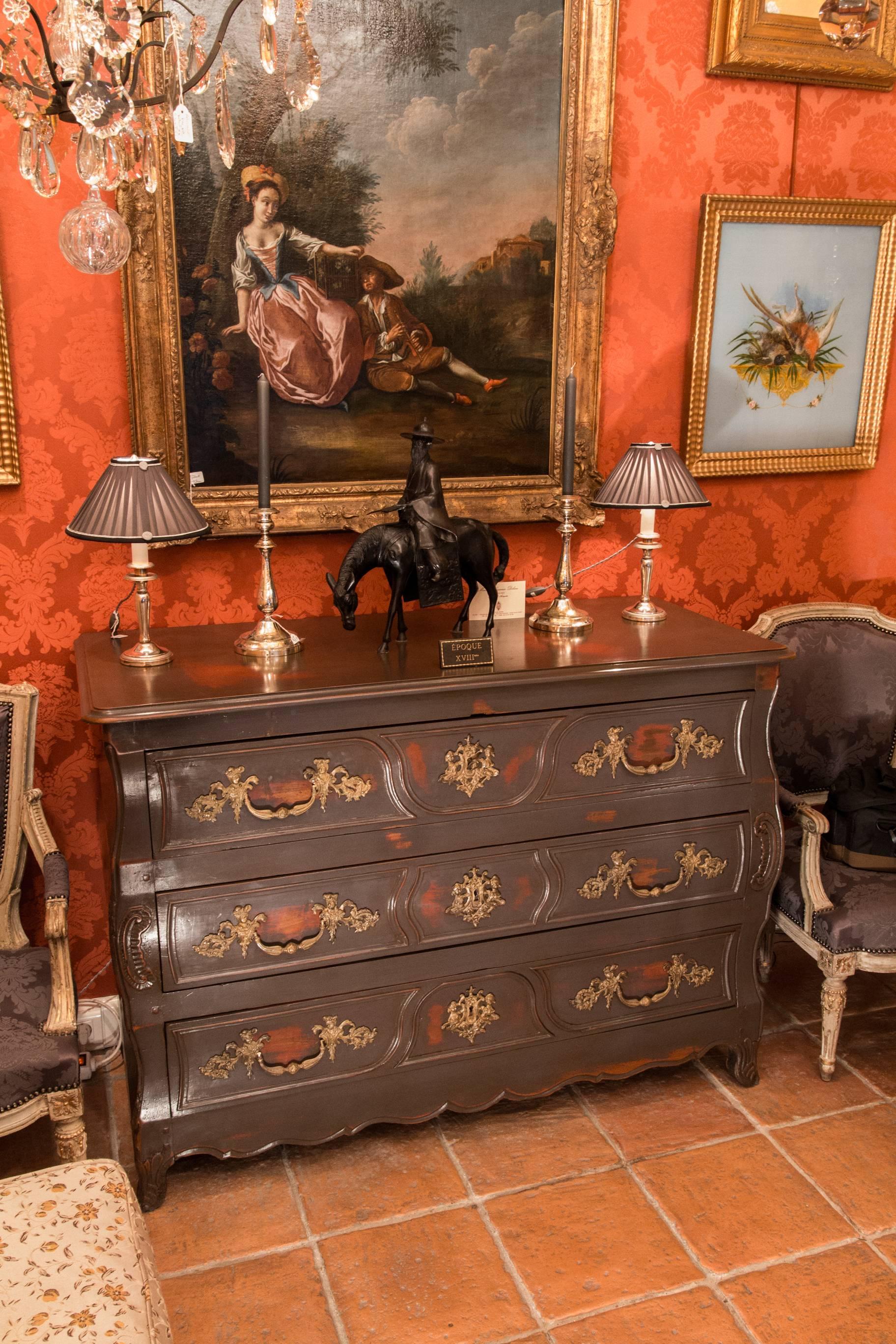Louis XIV French Mid-18th Century Painted Fruitwood Castle Serpentine Commode Circa 1750 For Sale