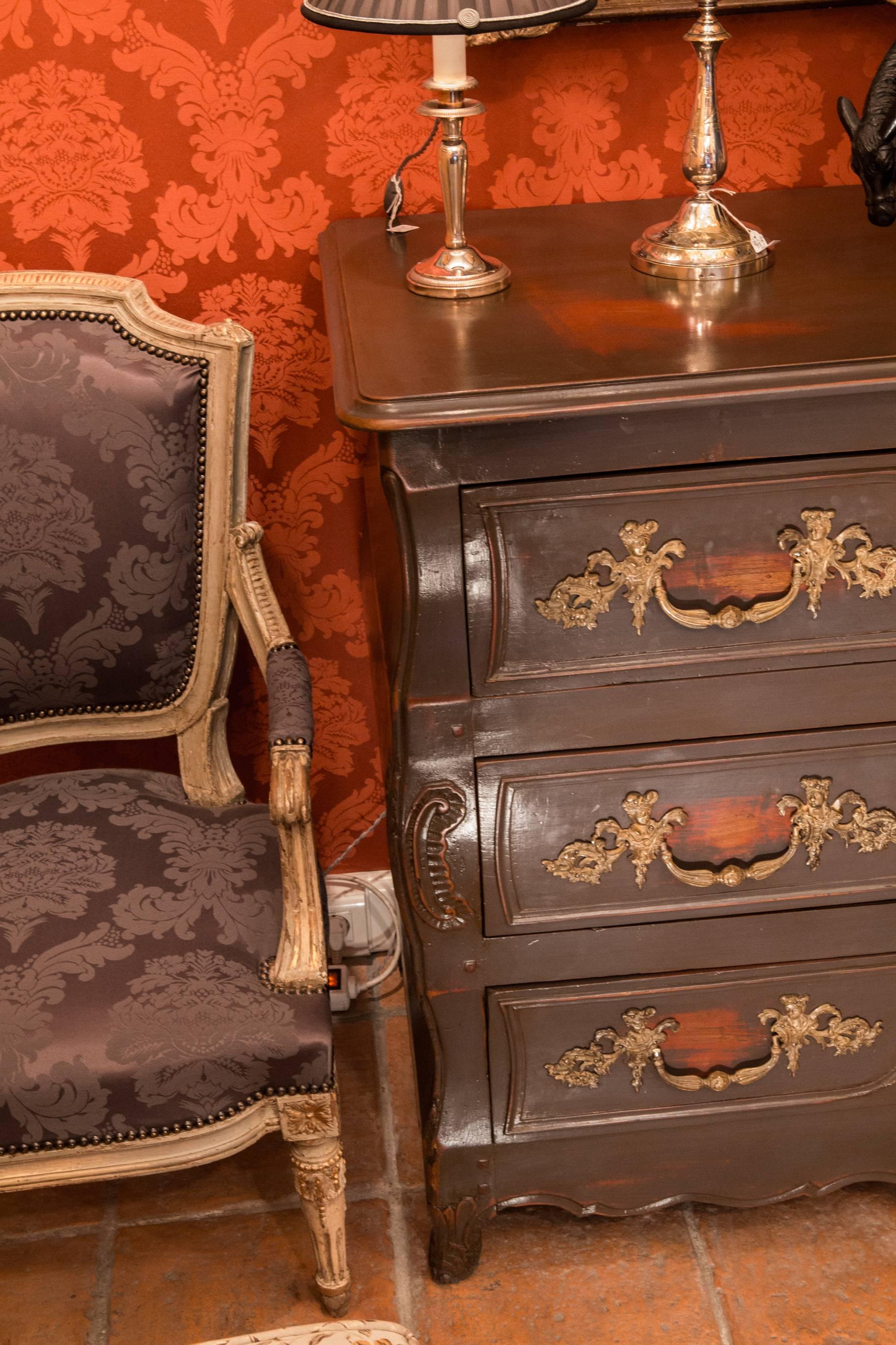 Hand-Carved French Mid-18th Century Painted Fruitwood Castle Serpentine Commode Circa 1750 For Sale