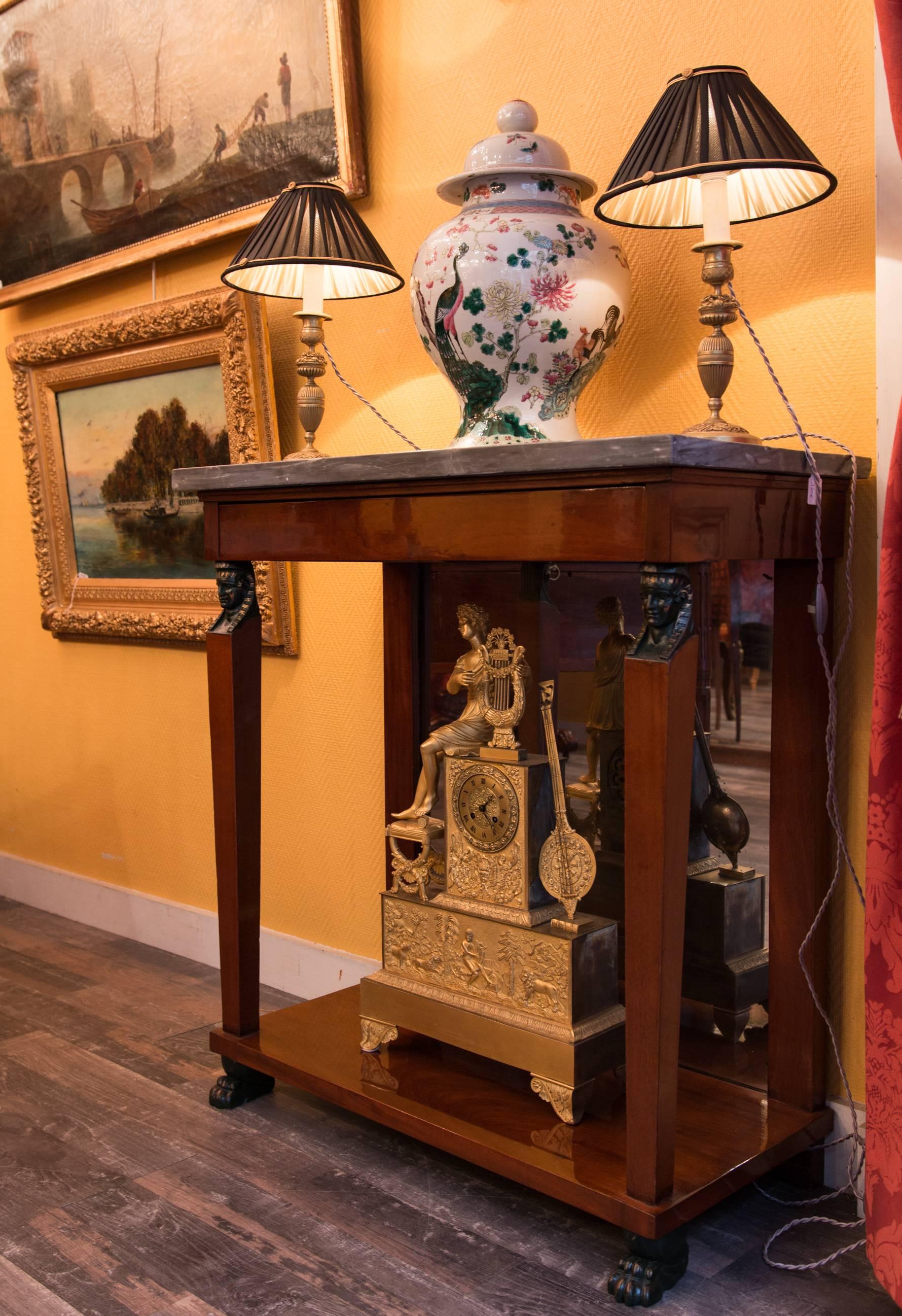 Empire Fine French Consulate Period Mahogany Console with a Bleu De Turquin Marble Top