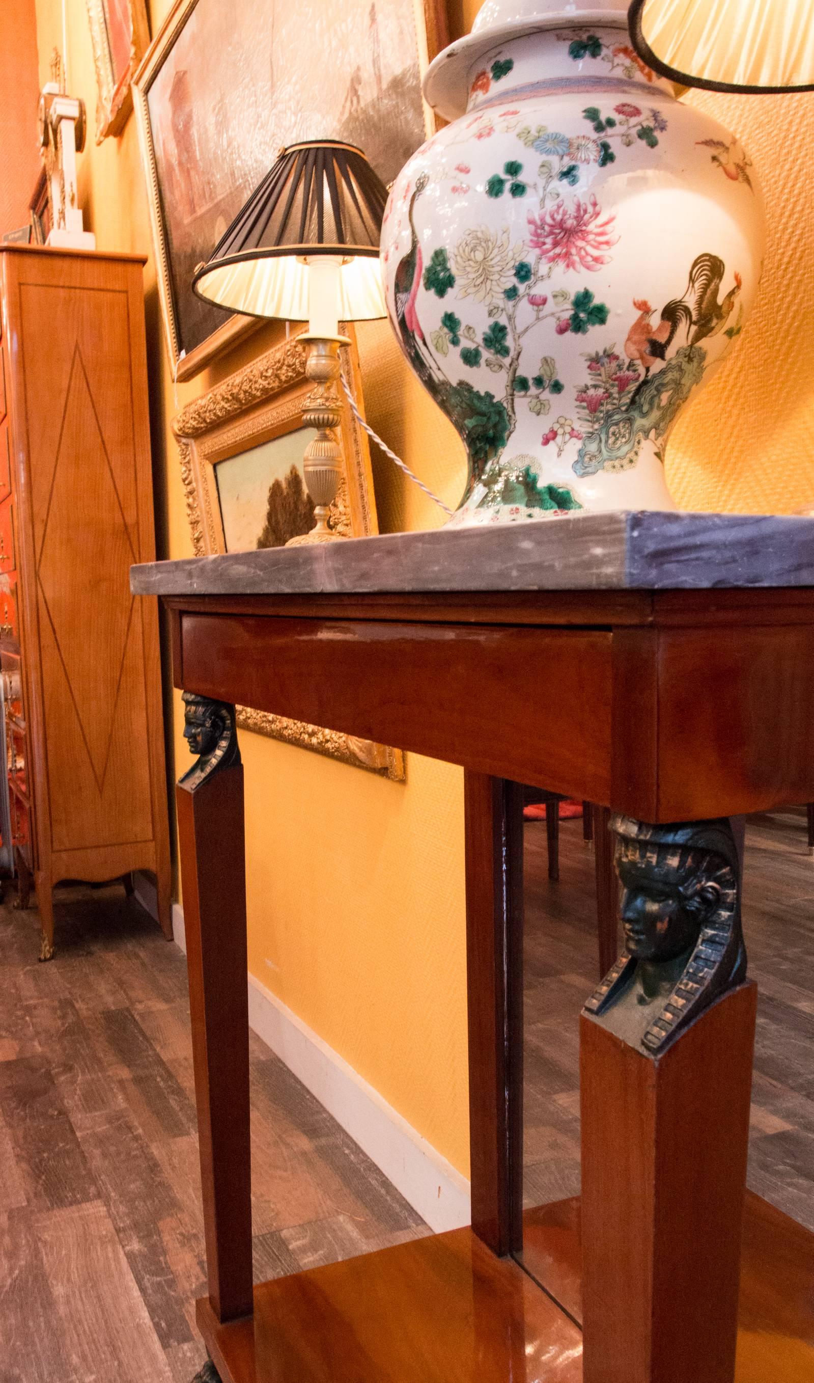 Veneer Fine French Consulate Period Mahogany Console with a Bleu De Turquin Marble Top