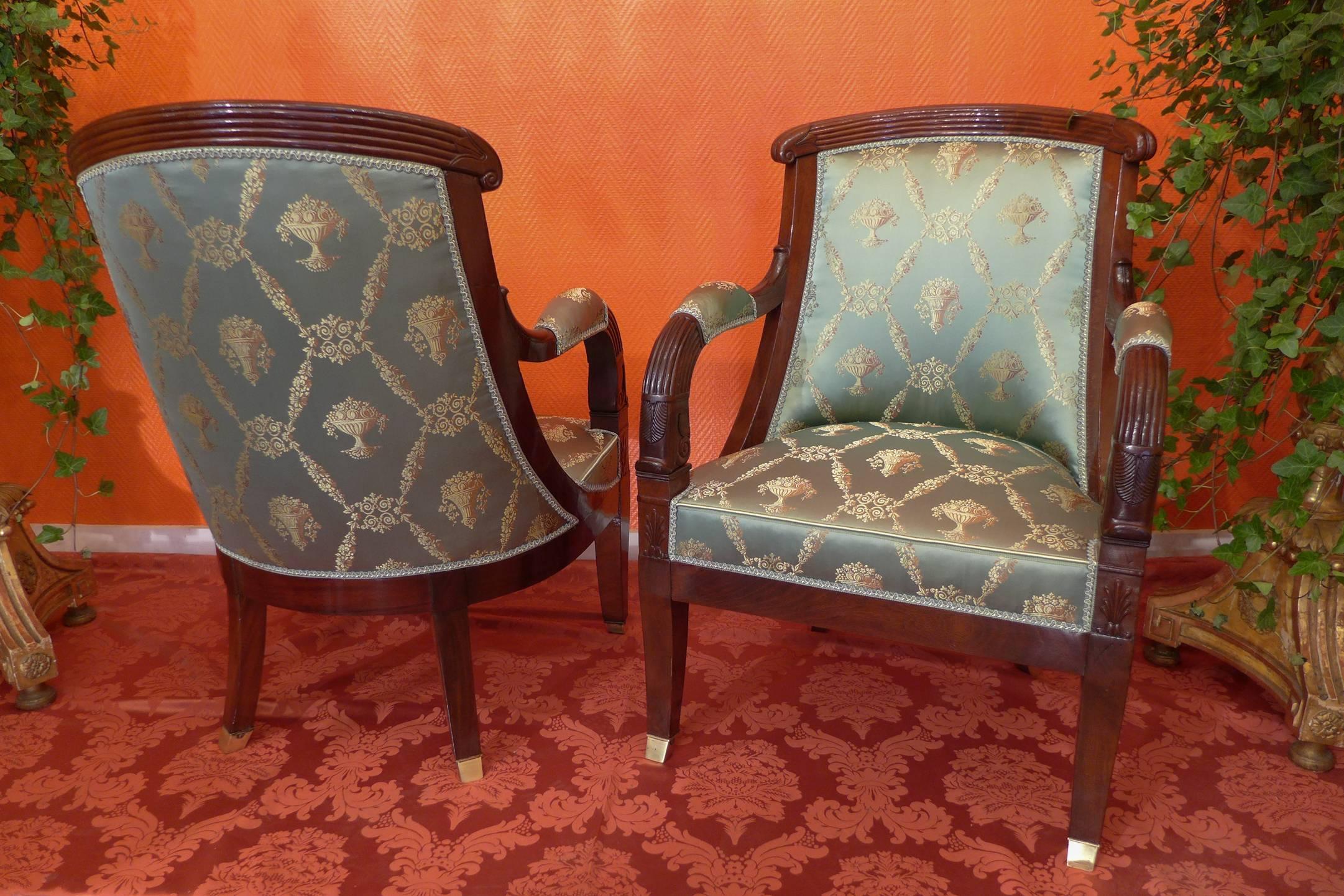 Fabric French Large Pair of Early-19th Century Empire Period Mahogany Armchairs For Sale