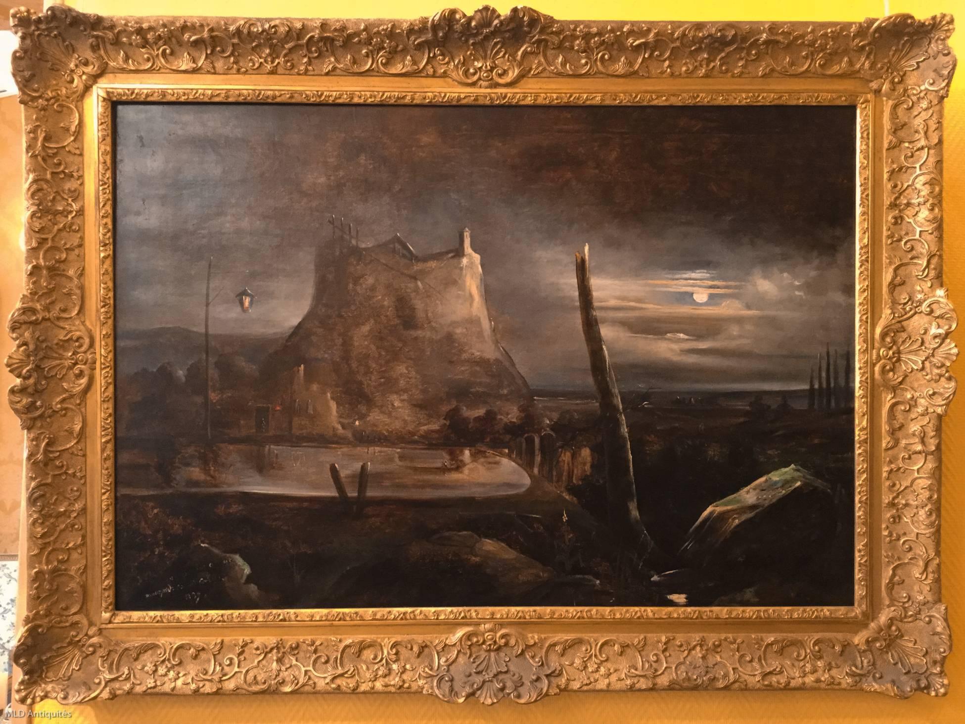Amazing and ornamental large oil on canvas depicting "An imaginary night-landscape".
Surprising way of the artist to organize his mind. We see scenes in other scenes, a French patriotic or revolutionary lantern, boat on a lake at the top