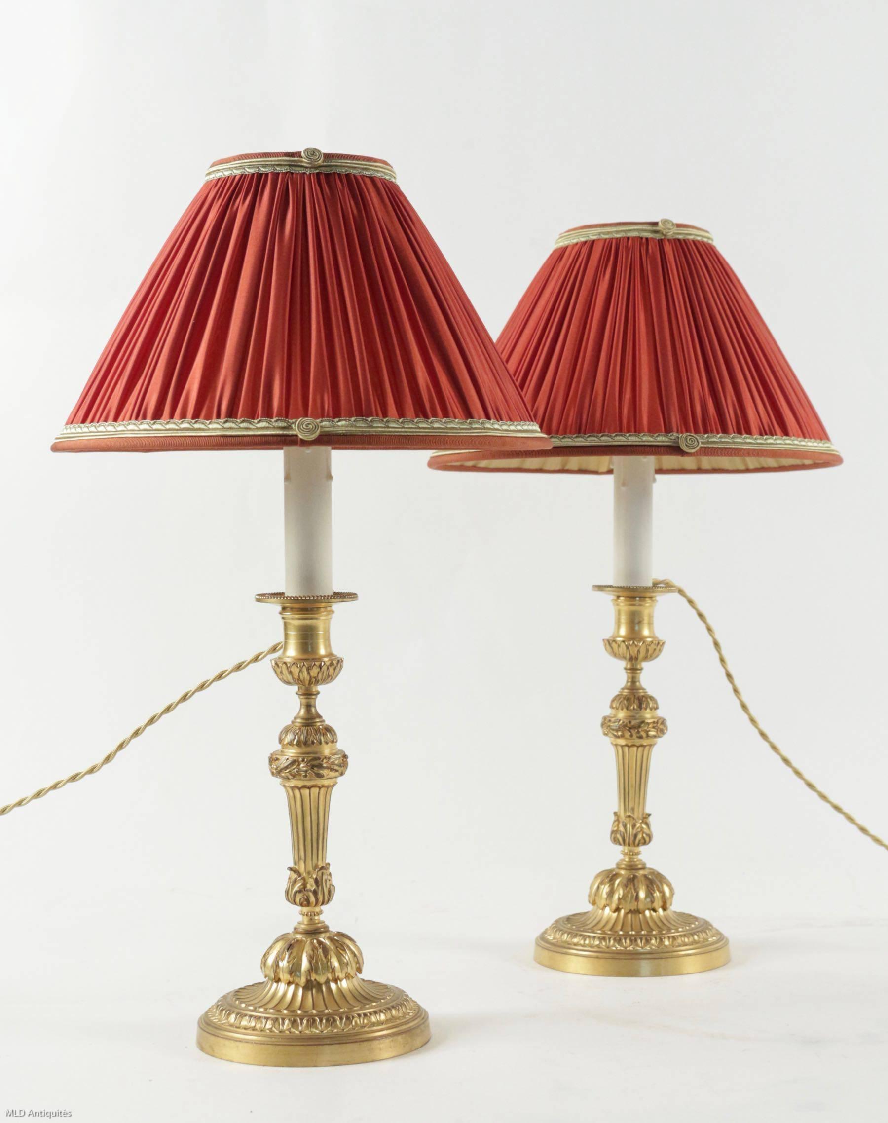Gilt Early 19h Century Pair of French Louis XVI Style Ormolu Candlestick Lamps
