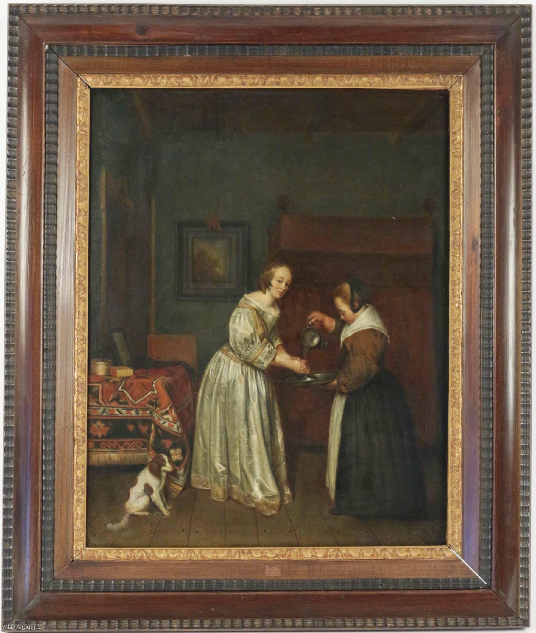 We are pleased to present you, a lovely oil on canvas, Dutch school in the manner of Gerard Ter Borch (1617-1681).
Our painting depicts a « Lady washing hands.»

Dutch 19th century school.

Our painting is an excellent condition, it was cleaned and