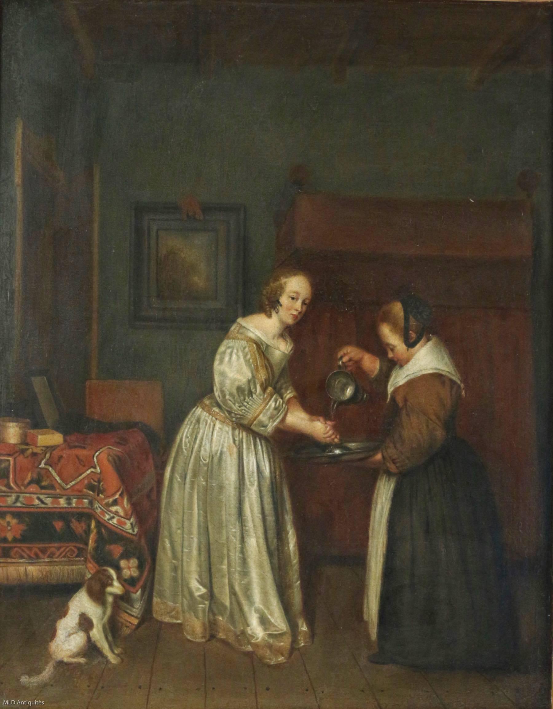 Dutch 19th Century School, Oil on Canvas  « Lady Washing hands » 3