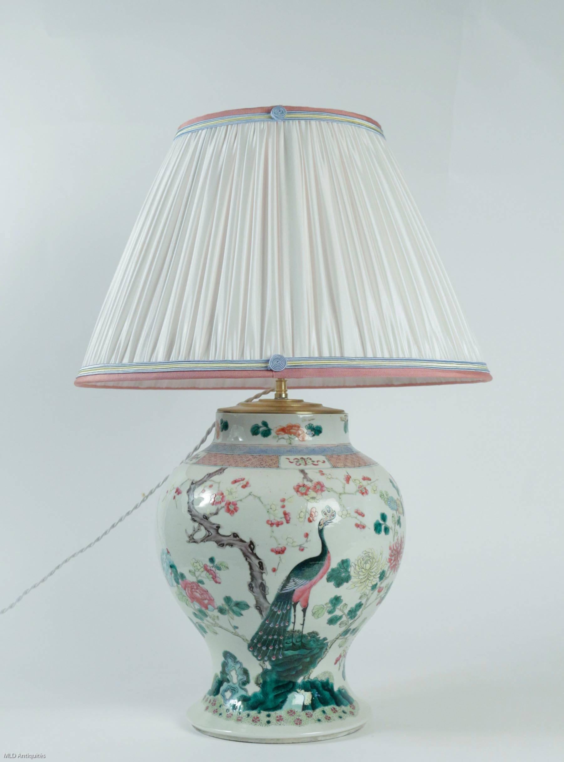 Lovely green family Chinese covered jar with two original different sides with peacock and rooster drawings, converted to table lamps, with new French pleated white and pink silk lamp shades.

Beautiful Chinese vase, late 19th century, circa
