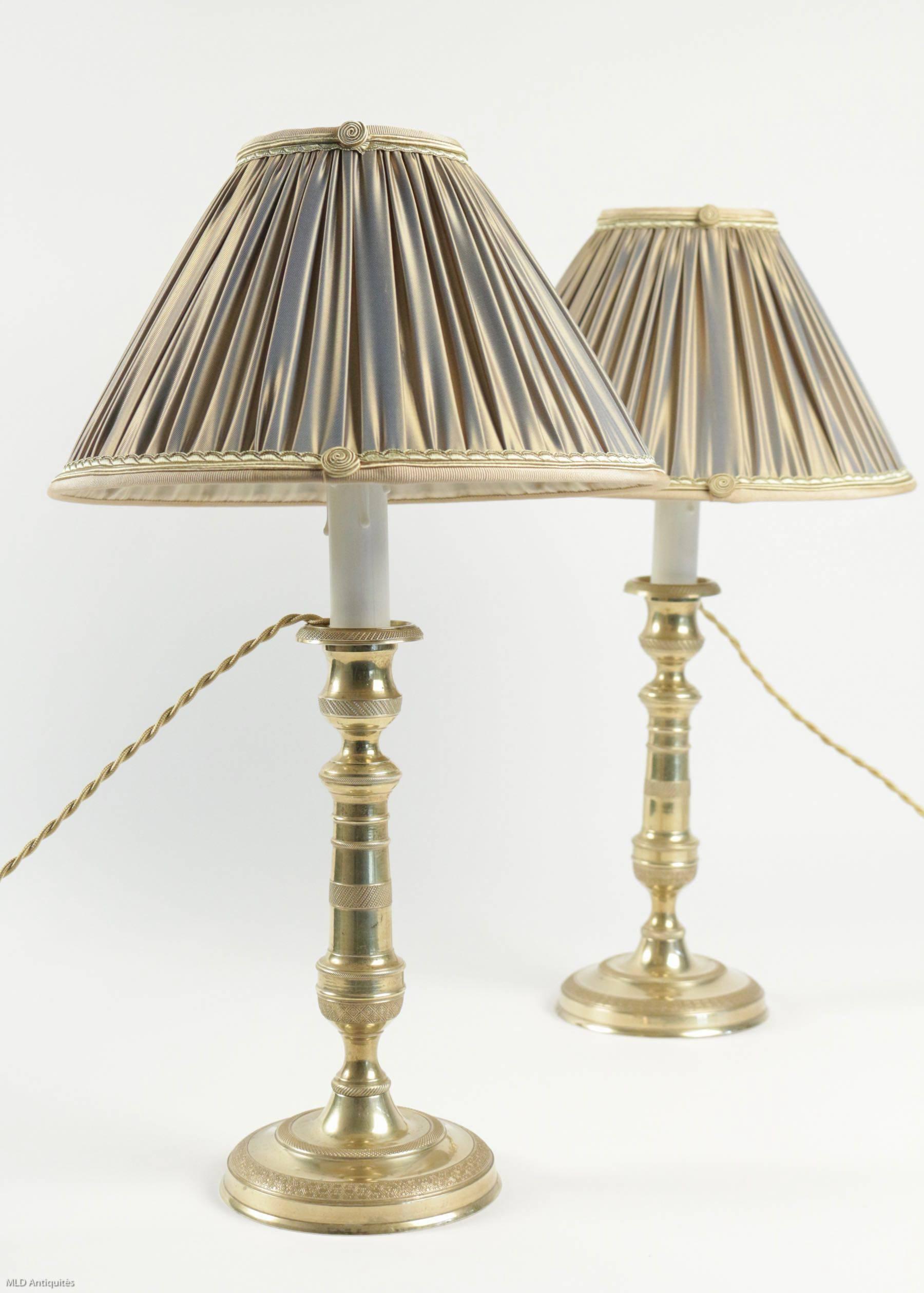 Pair of French, Louis XVI Period Gilt Bronze Candlestick Lamps, circa 1780 2
