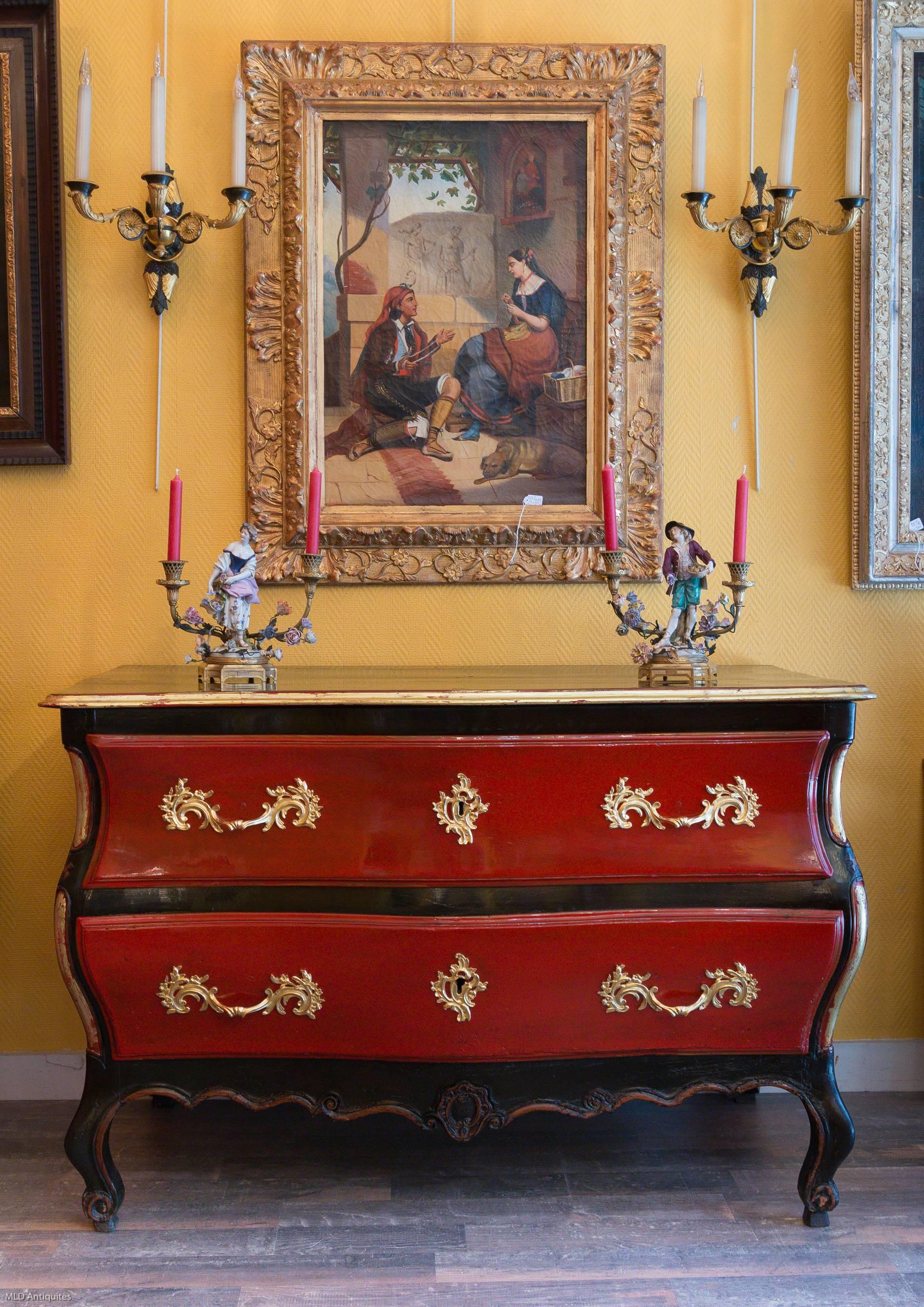 We are pleased to present you, an unusual, beautiful, elegant and rare French Louis XV period, two-drawers in solid walnut black, red and gilt lacquered commode with bombe front and sides, lovely cabriole legs. Original ormolu hardware. 

Our Louis