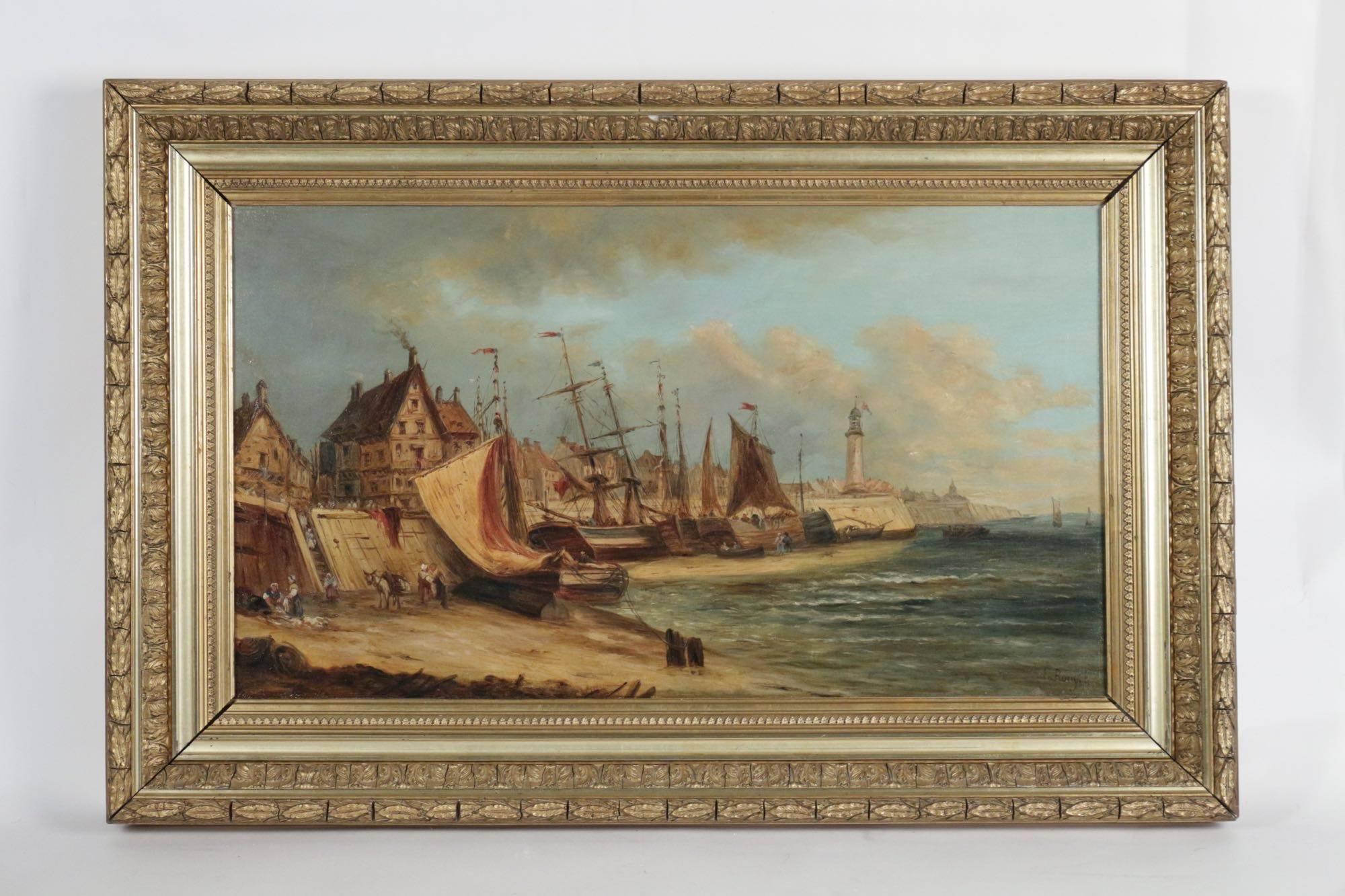 Very interesting and Fine example of the work of the famous French marine painter, Charles Emmanuel Joseph Roussel, mature work by this marine painter, depicts French Atlantic view of a stranding port at low-ride. 

Our painting is signed on a lower
