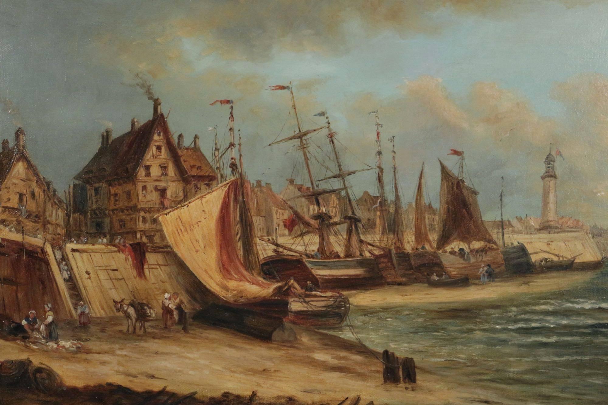 Hand-Painted Oil on Canvas Called French Stranding Port at Low-Tide by Charles Roussel, 1891
