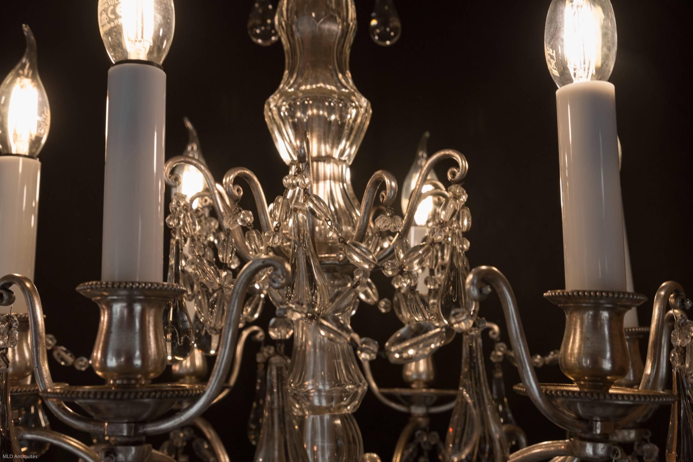 20th Century French Small Louis XVI Style Old Silver Plate and Crystal Chandelier, circa 1900