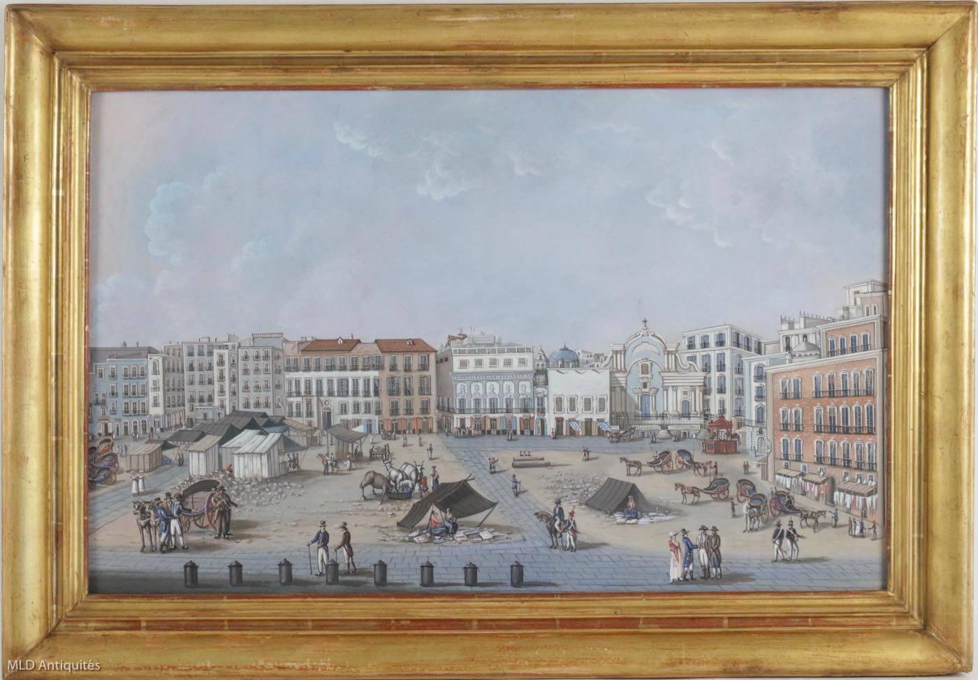 A rare, fine and brightly colored pair of gouaches painting with Fine details, depicting a square, an the Castel Nuovo view, early 19th century when Napoleon 1er installed his brother Joseph as a King of Naples.

Neapolitan school, early 19th