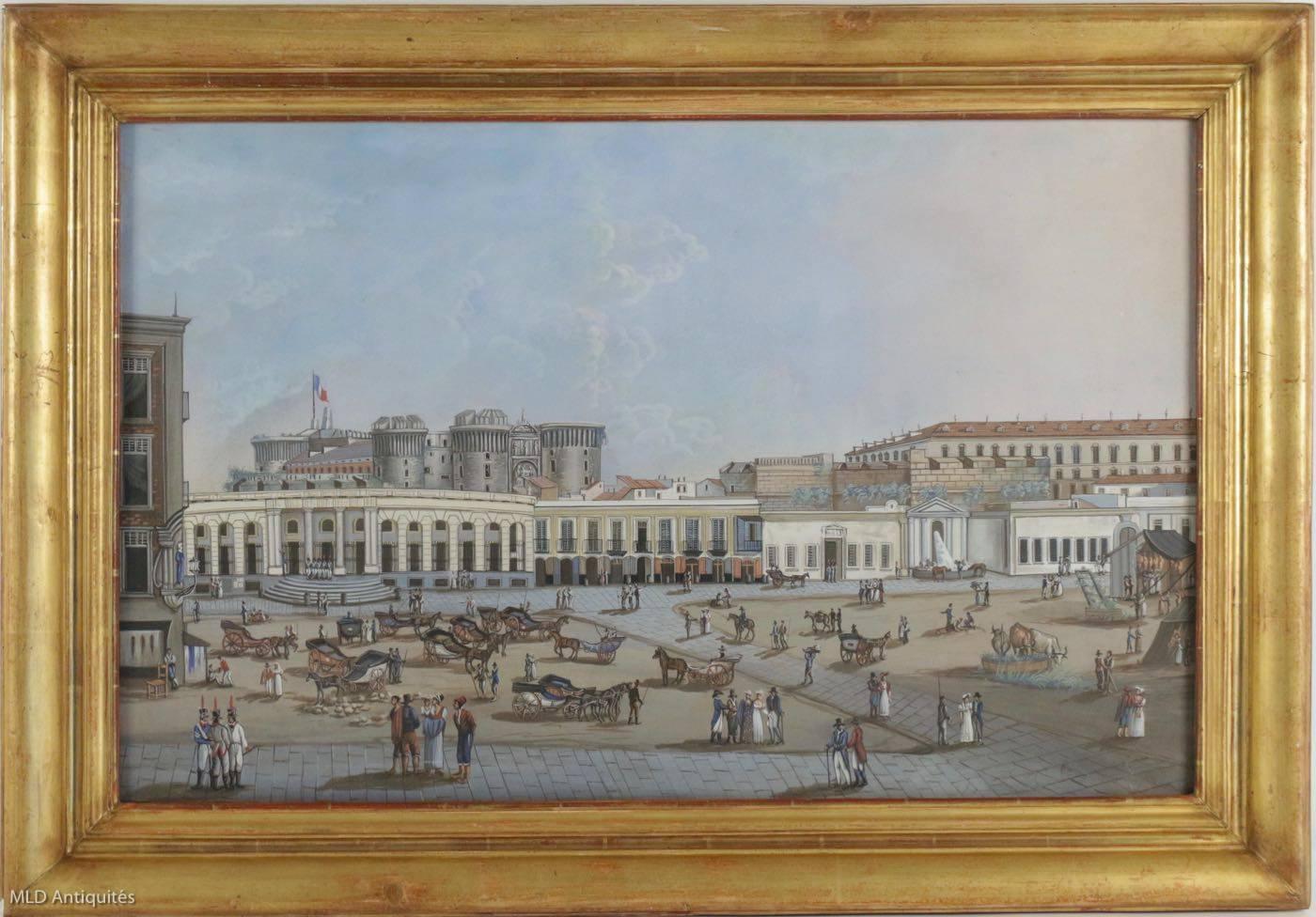 Paper Early 19th Century Pair of Italian Gouaches Castel Nuovo & Square from Naples For Sale