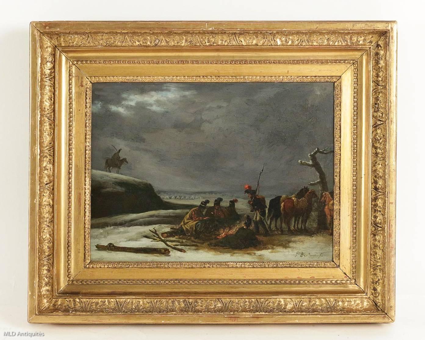 We are pleased to present you a very interesting historical painting, depicting "The Grognards during the Campaign of Russia."
Gorgeous oil on panel, French school, early-19th century, in a 19th century guiltwood frame, signed on lower