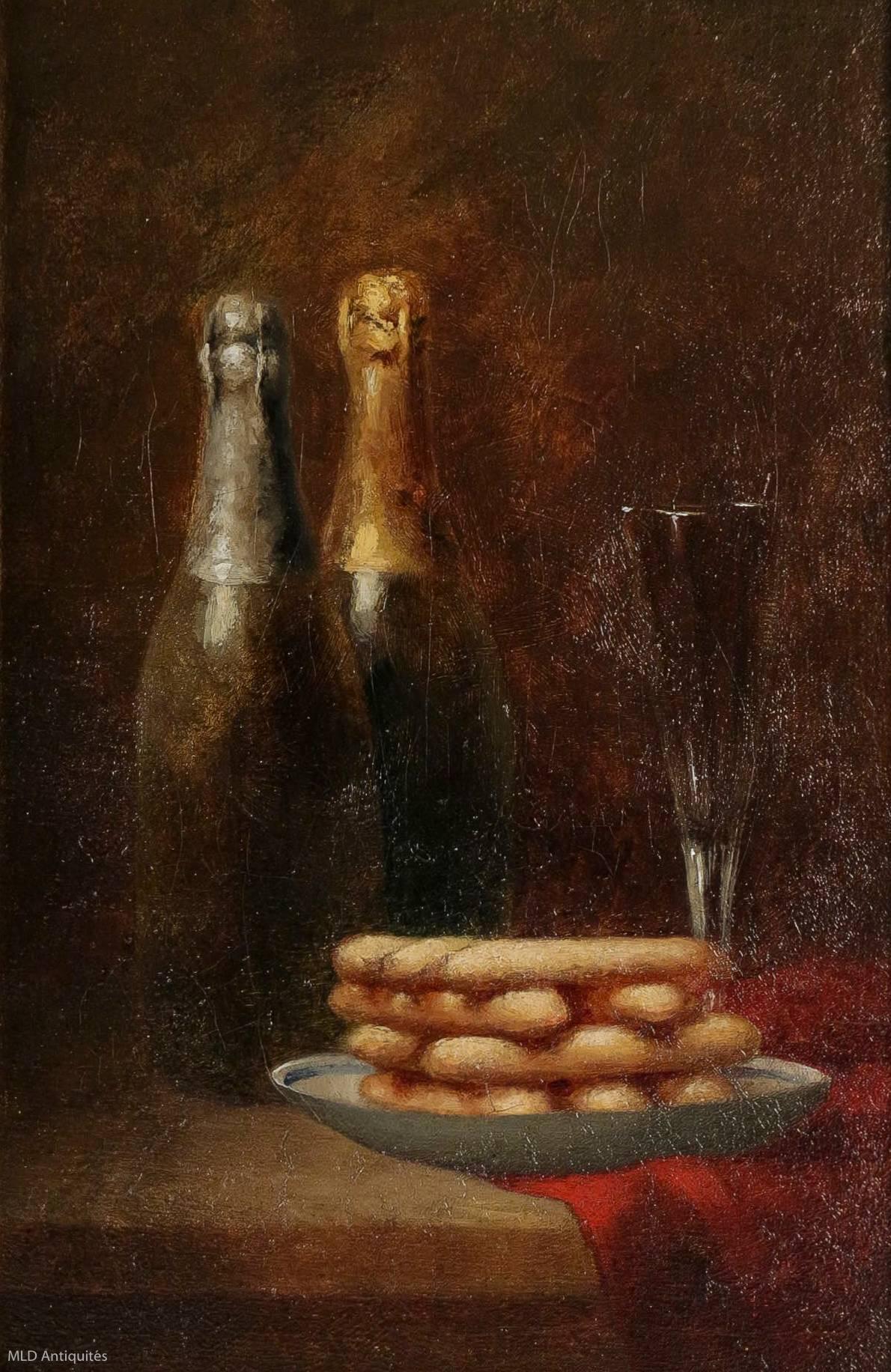 French Sign by Charles Boyer, Oil on Canvas, the Champagne Delights, circa 1880-1890