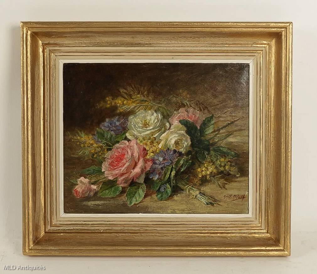 We are pleased to present you to a very nice little still of life, roses bouquet on a marble ledge, sign on lower right by Camille Aimé Wolf

Size unframed: W 12.99 in., H 10.62 in.
Size with frame: W 18.50 in., H 15.74 in.

Camille Aimé Wolf