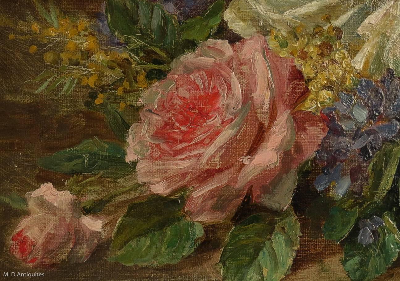 French Camille Aimé Wolf Oil on Canvas Late 19th Century, Roses Bouquet on Marble Ledge