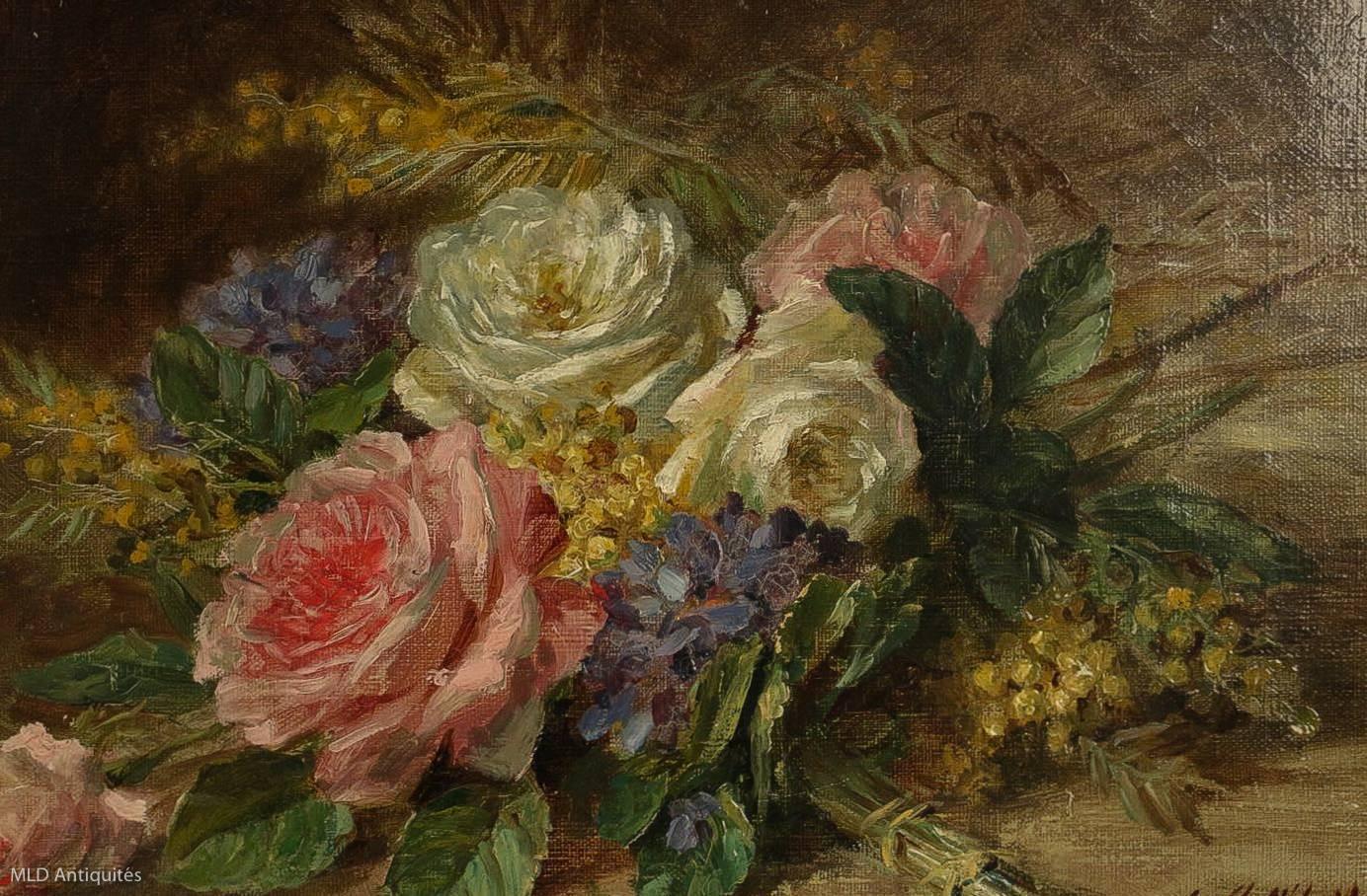 Painted Camille Aimé Wolf Oil on Canvas Late 19th Century, Roses Bouquet on Marble Ledge
