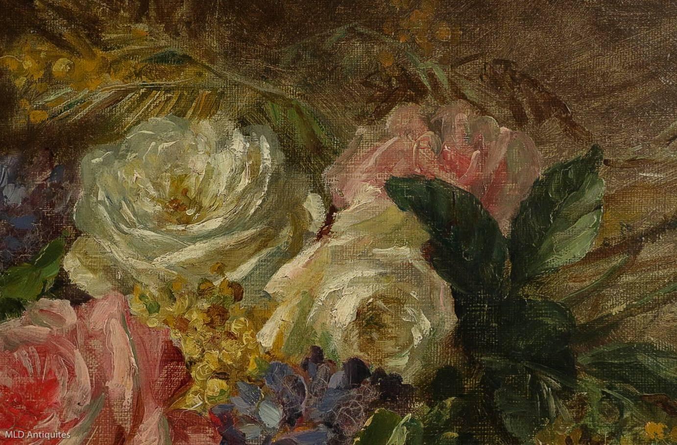 Camille Aimé Wolf Oil on Canvas Late 19th Century, Roses Bouquet on Marble Ledge In Excellent Condition In Saint Ouen, FR