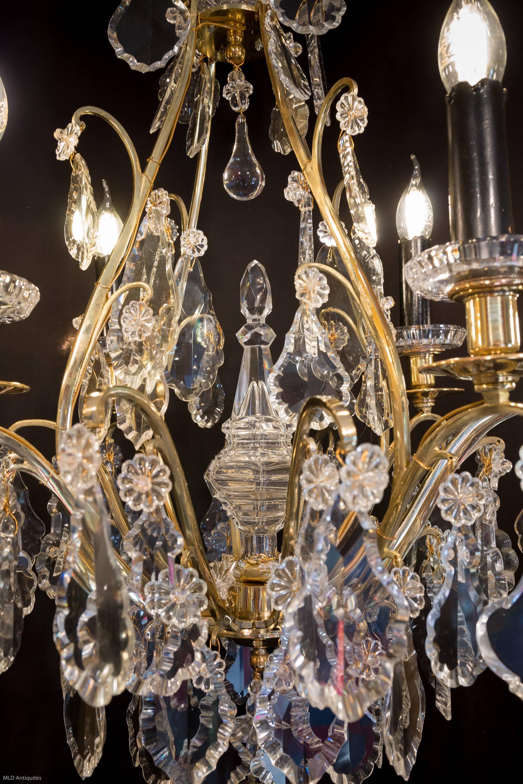 Hand-Carved Sign by Baccarat Late 19th Century Bronze & Crystal Small Chandelier, circa 1890