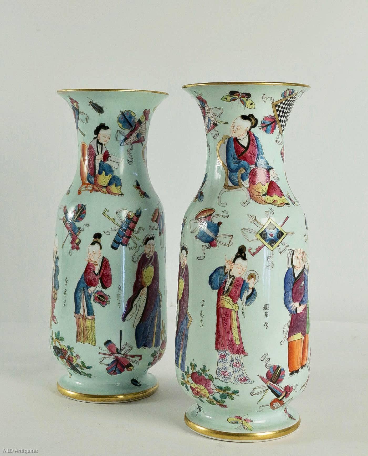 Chinoiserie Bayeux, French 19th Century, Polychrome Celadon Family Pair of Vases circa 1850