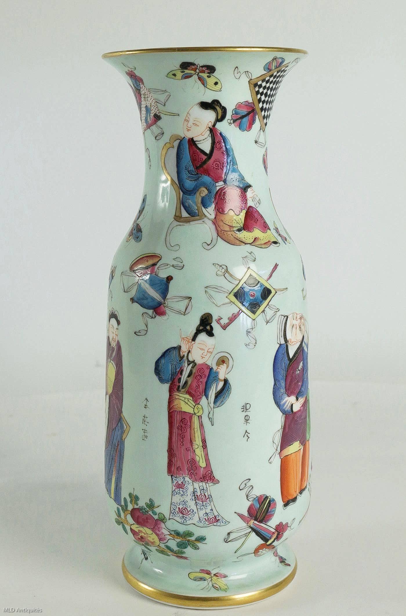 Polychromed Bayeux, French 19th Century, Polychrome Celadon Family Pair of Vases circa 1850