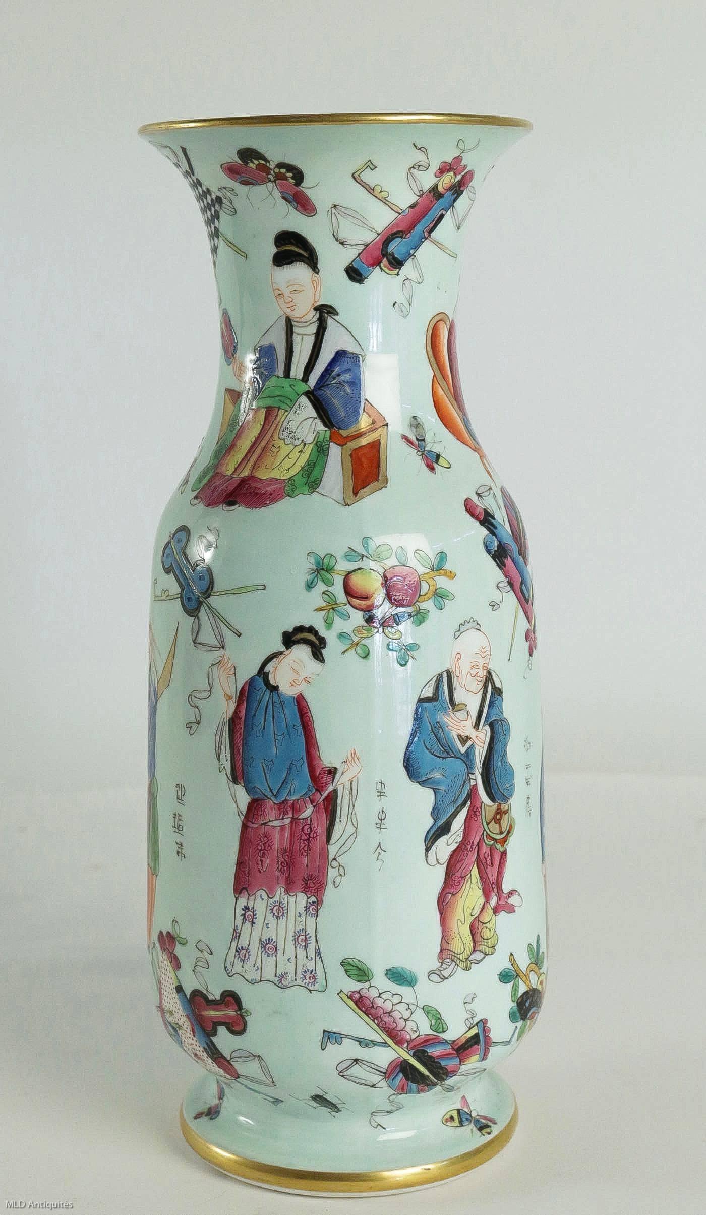 Porcelain Bayeux, French 19th Century, Polychrome Celadon Family Pair of Vases circa 1850