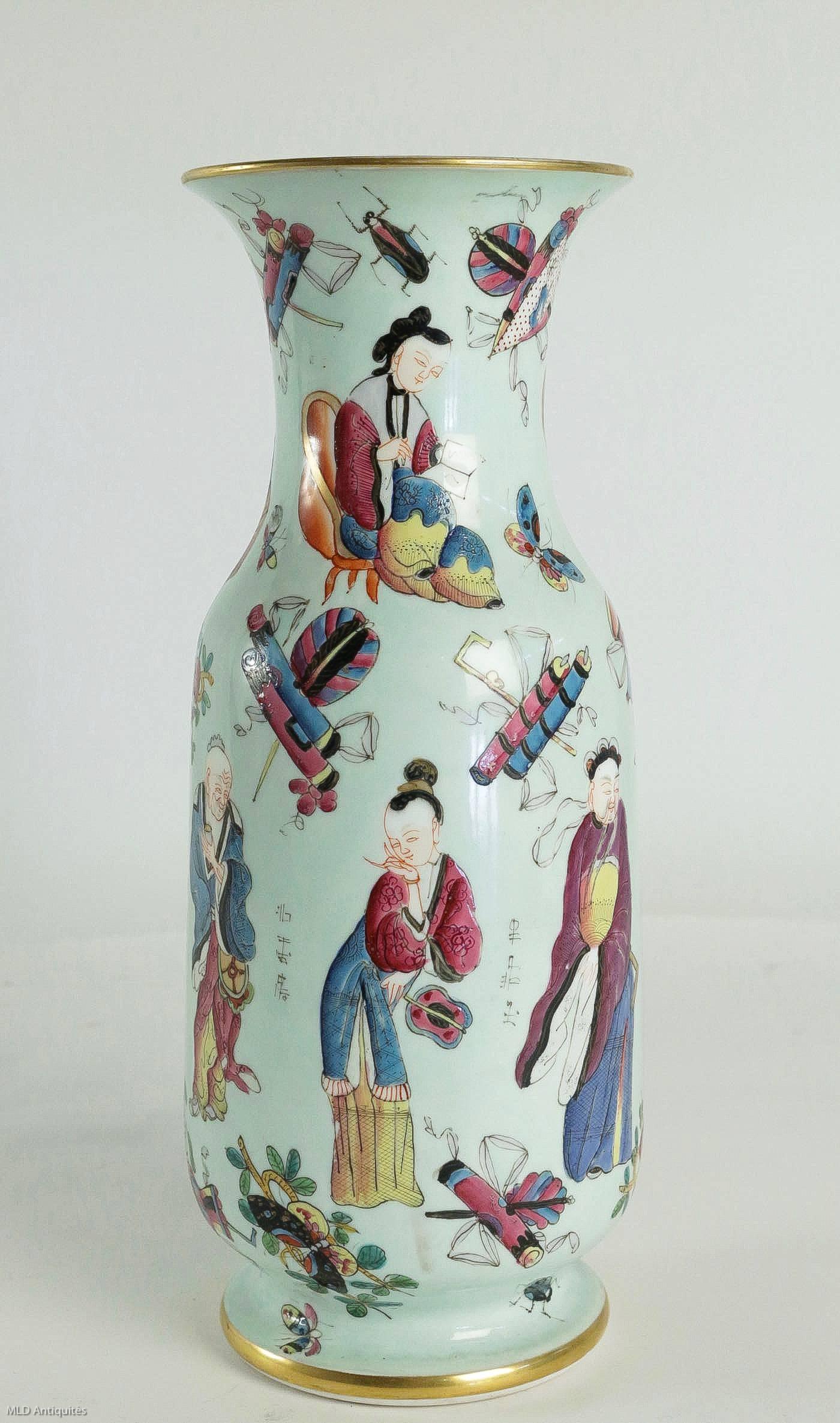 Bayeux, French 19th Century, Polychrome Celadon Family Pair of Vases circa 1850 1