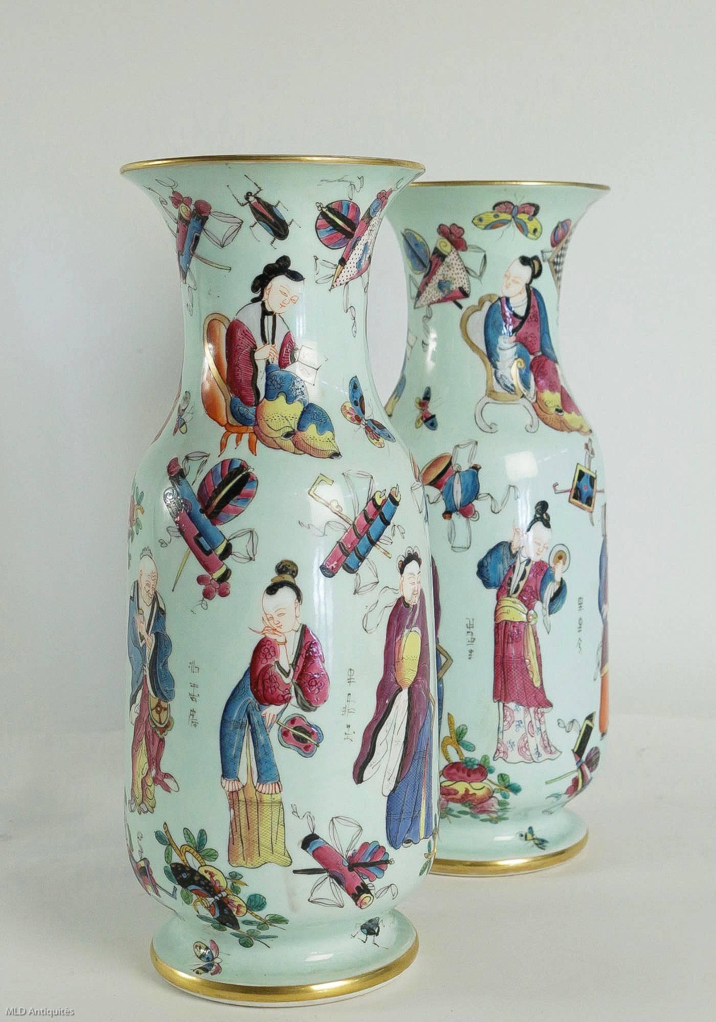 Bayeux, French 19th Century, Polychrome Celadon Family Pair of Vases circa 1850 3