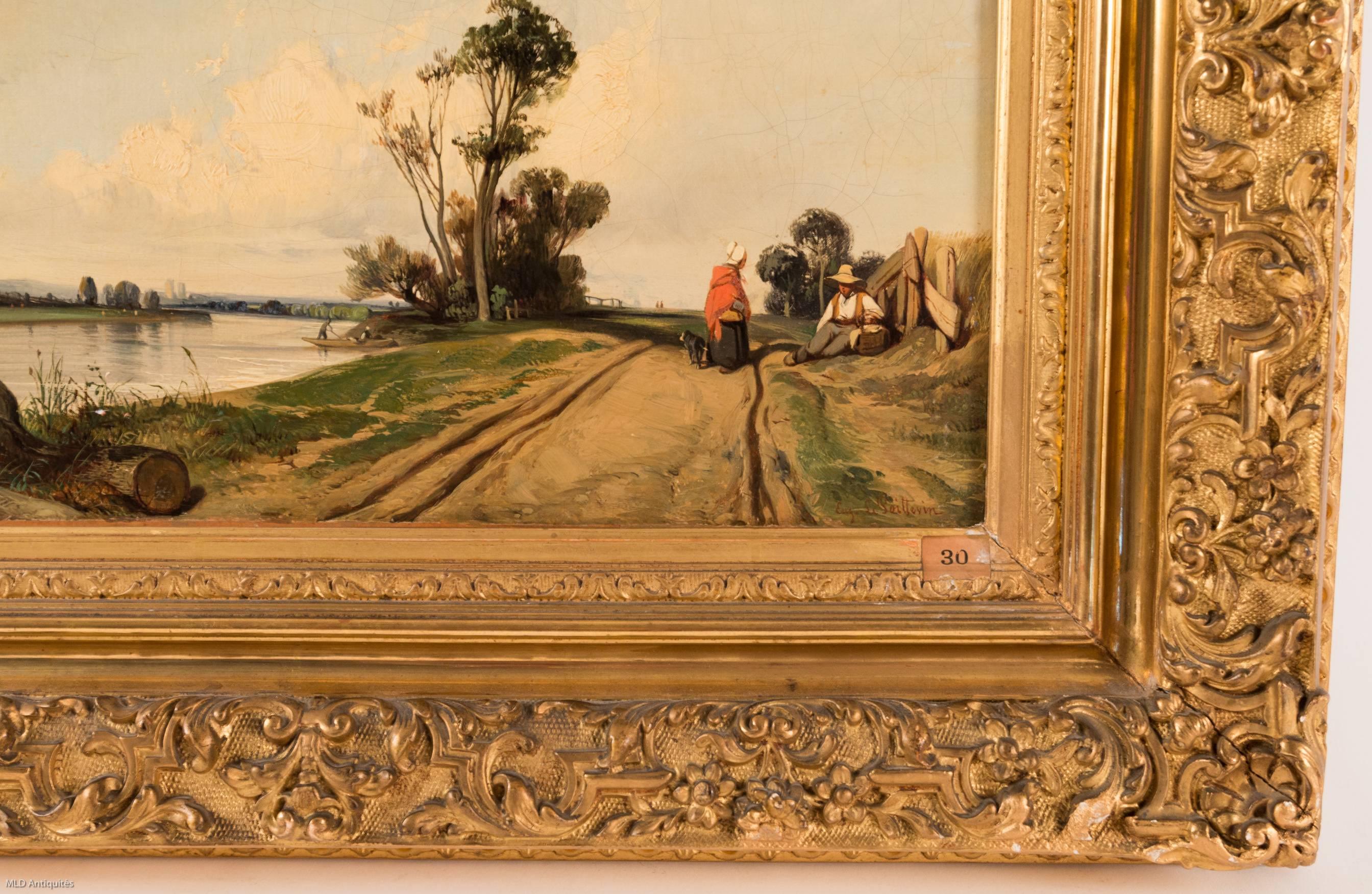 Hand-Painted Eugene Le Poittevin Oil on Canvas Farmer on the Towpath, circa 1850