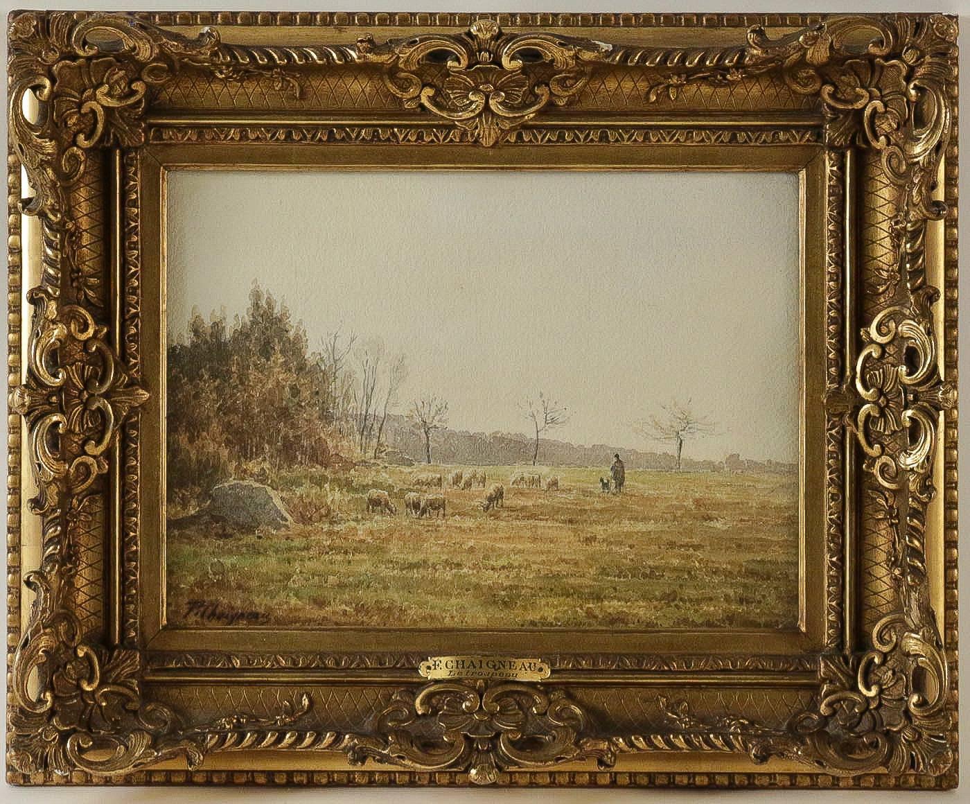 We are pleased to present you a very interesting and ornamental watercolor depicting a herd in its original gilt hand-carved wood and stucco frame.

Beautiful work signed at the lower left by Jean-Ferdinand Chaigneau, Barbizon School, circa