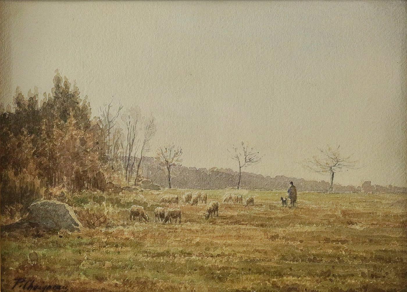 French Chaigneau Jean Ferdinand, Watercolor, the Herd, Barbizon School, circa 1880