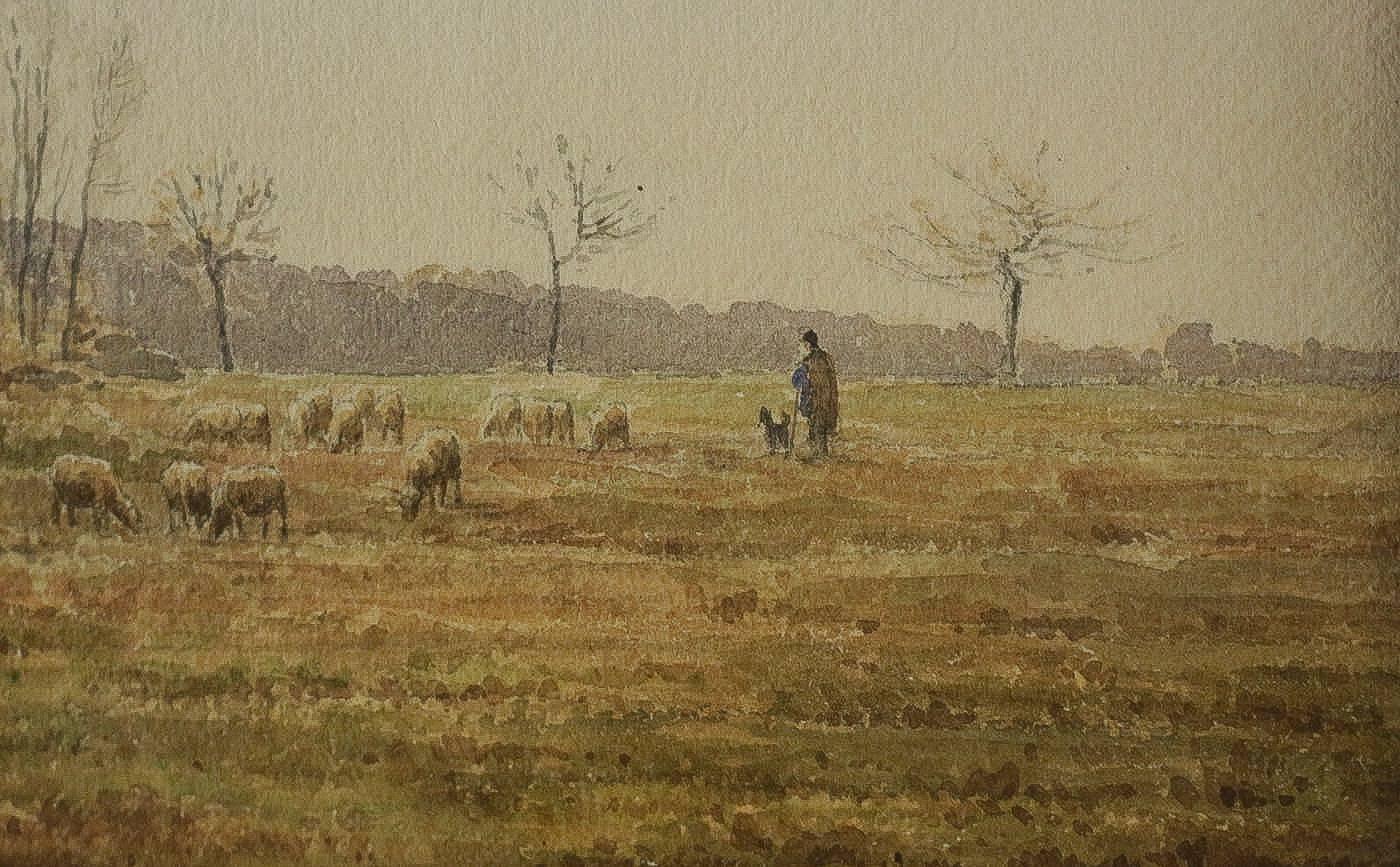 Hand-Painted Chaigneau Jean Ferdinand, Watercolor, the Herd, Barbizon School, circa 1880