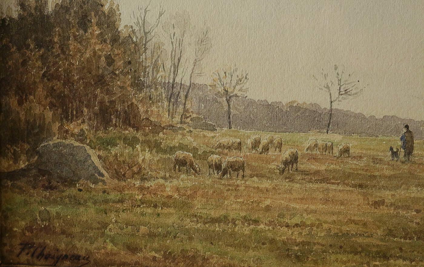 Chaigneau Jean Ferdinand, Watercolor, the Herd, Barbizon School, circa 1880 In Excellent Condition In Saint Ouen, FR