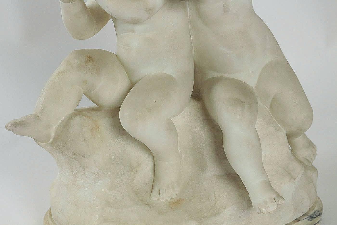 Italian Guglielmo Pugi, Carrara Marble Sculpture, Two Cupids Contesting for a Heart