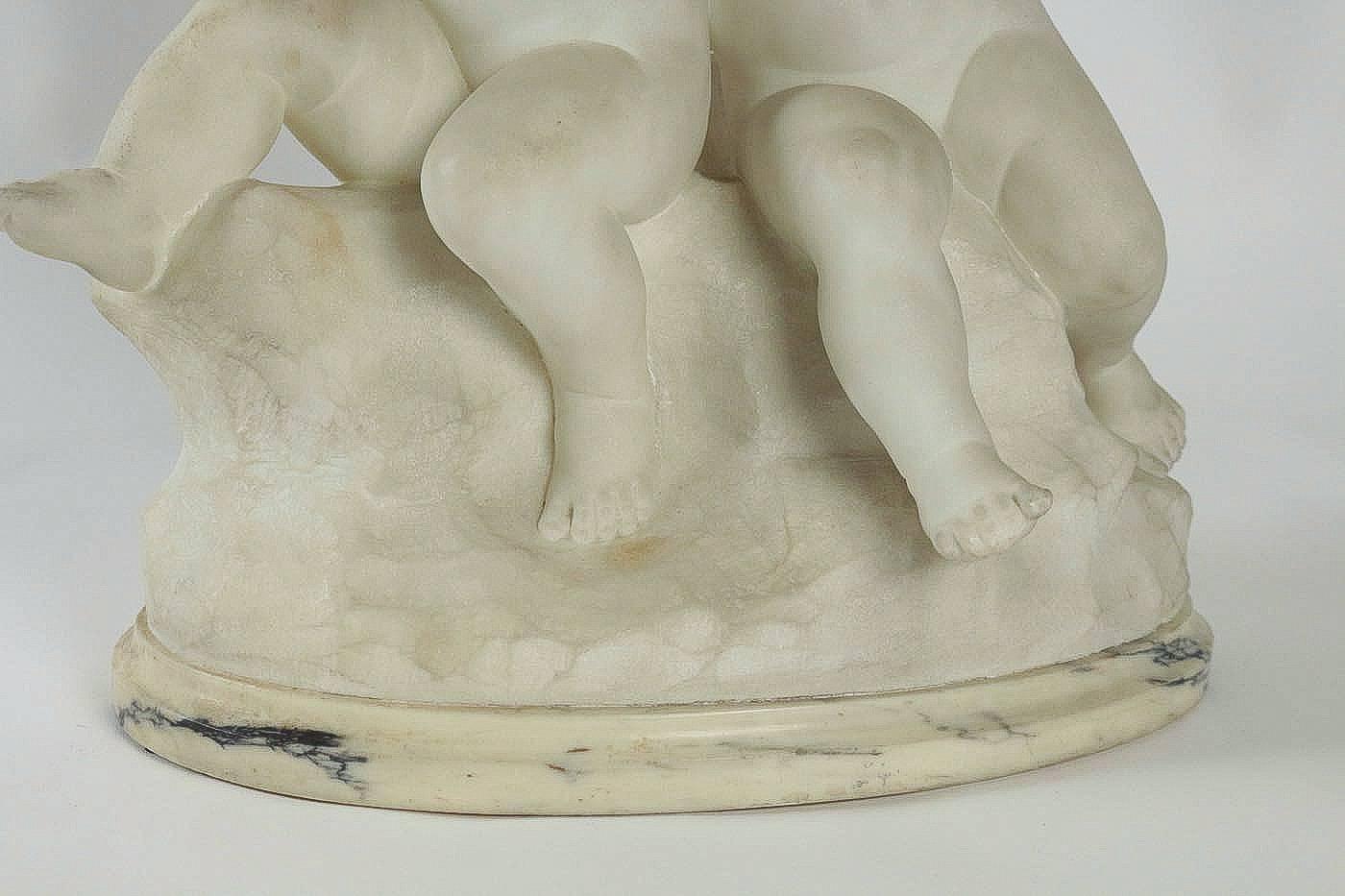 Hand-Carved Guglielmo Pugi, Carrara Marble Sculpture, Two Cupids Contesting for a Heart