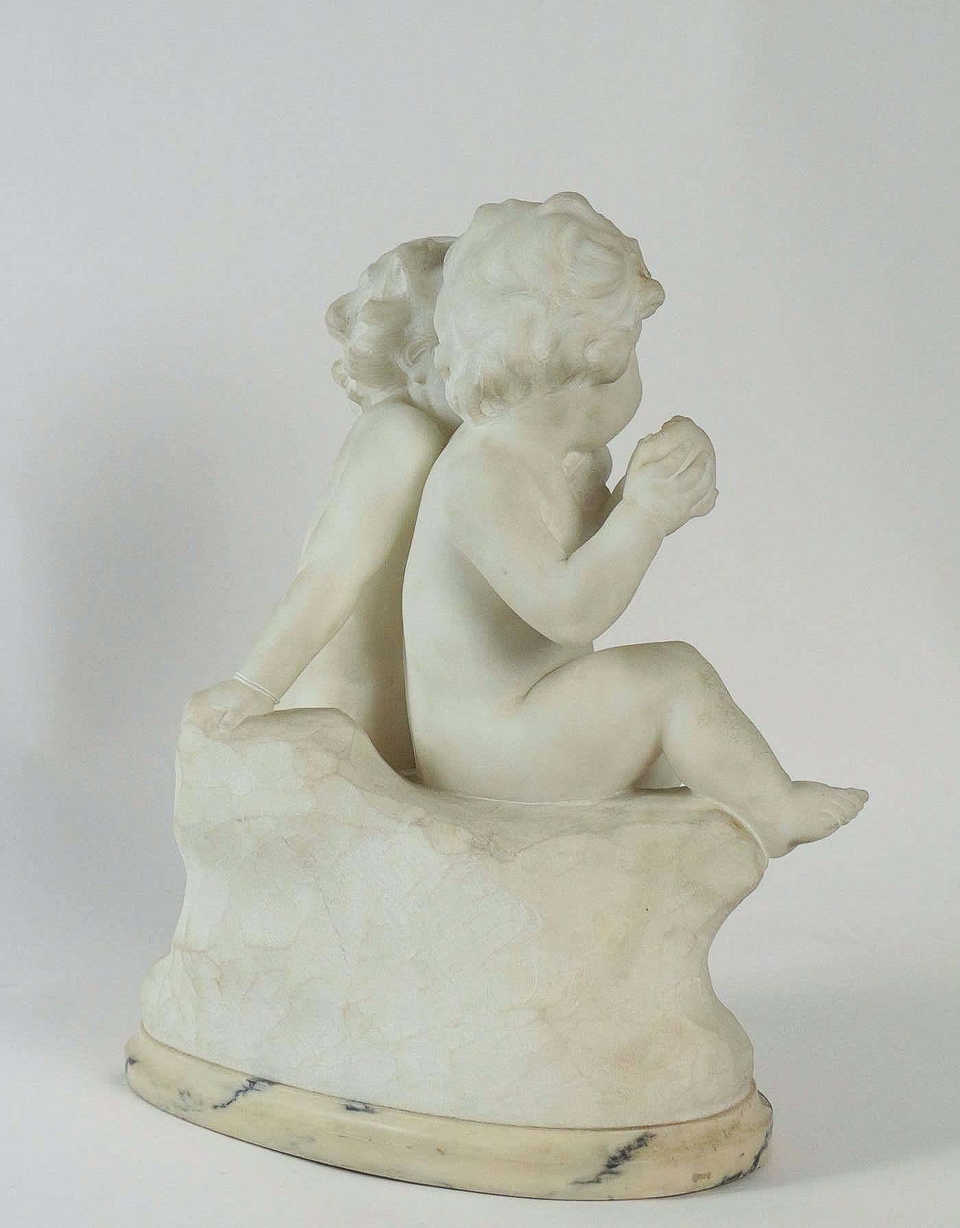 19th Century Guglielmo Pugi, Carrara Marble Sculpture, Two Cupids Contesting for a Heart