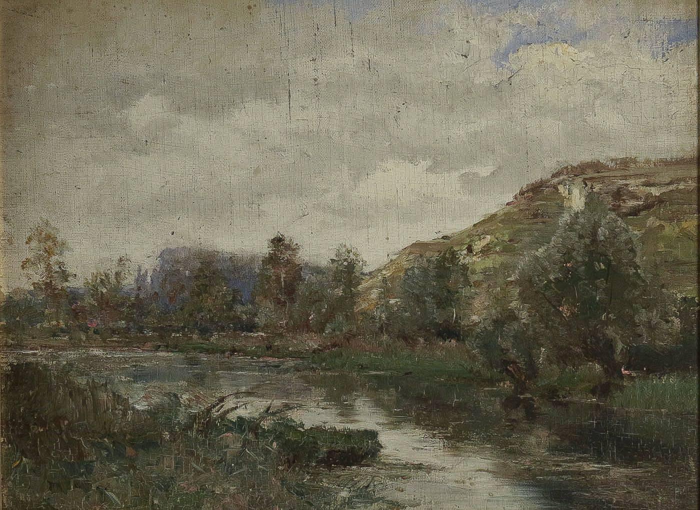 A lovely Barbizon School, oil on cardboard depicting a river landscape, in a ornamental giltwood frame. 

Measurments unframed W 20.07 inches, H 14.96 inches.
Measurements with frame W 25.59 inches, H 20.47 inches.

In fine condition.
 