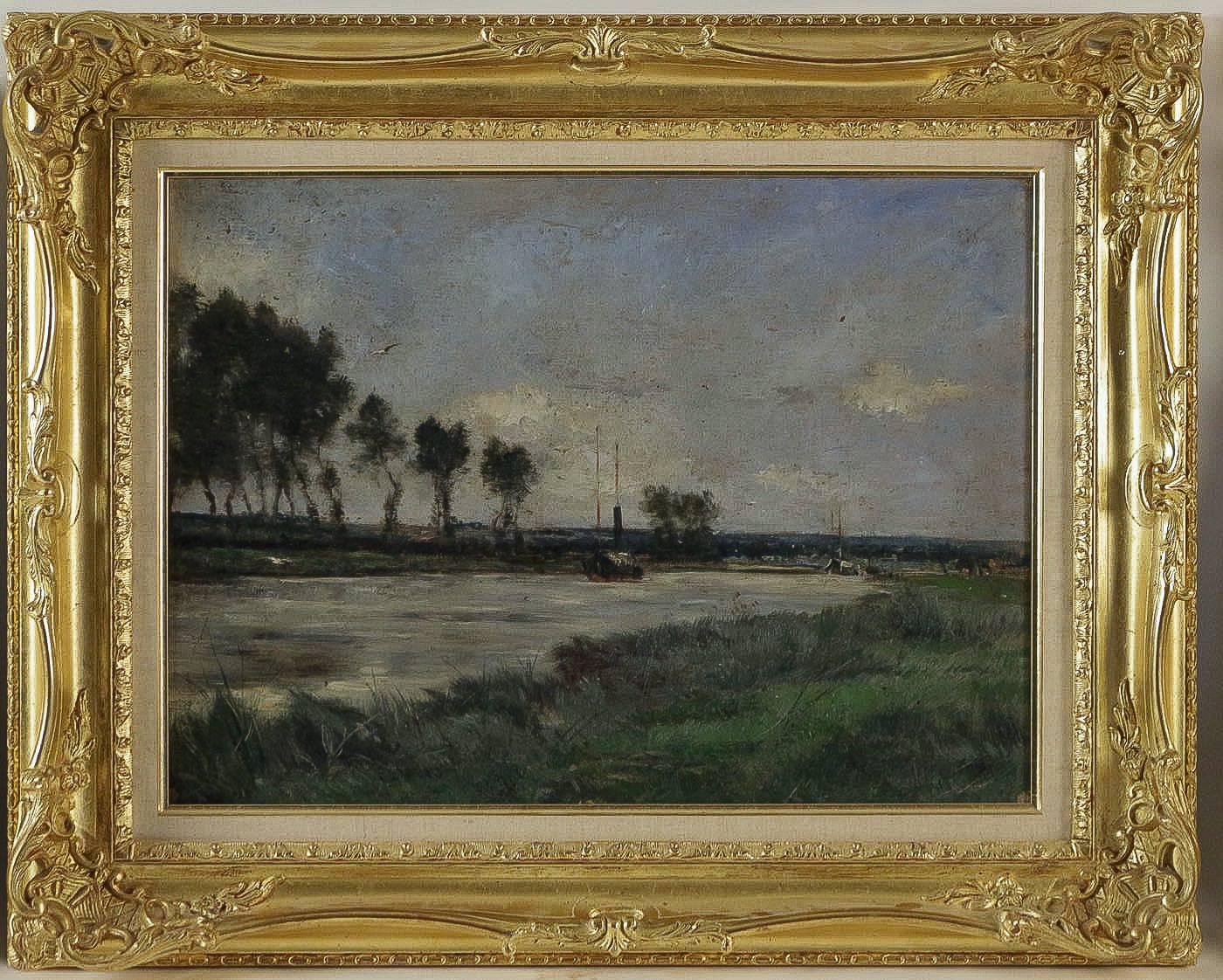 We are pleased to present you a lovely Barbizon School, oil on cardboard depicting a river and boat landscape, in a beautiful and ornamental giltwood frame. 

Size unframed : W 20.07 In. - H 14.96 In.
Size with frame: W 25.59 In. - H 20.47 In.

Our
