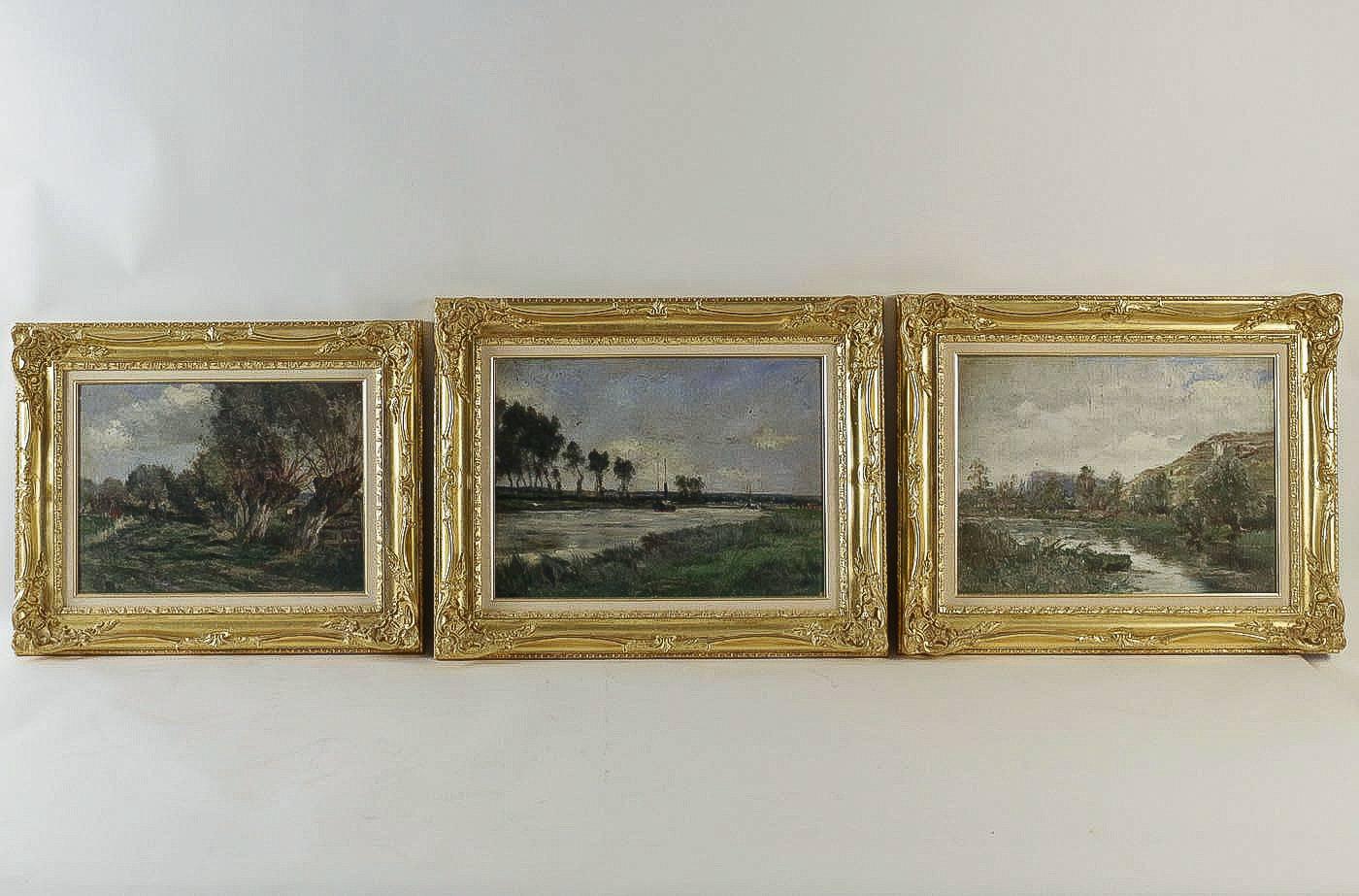 Barbizon School, River and Boats Landscape, Oil on Cardboard, circa 1880-1890 In Excellent Condition In Saint Ouen, FR