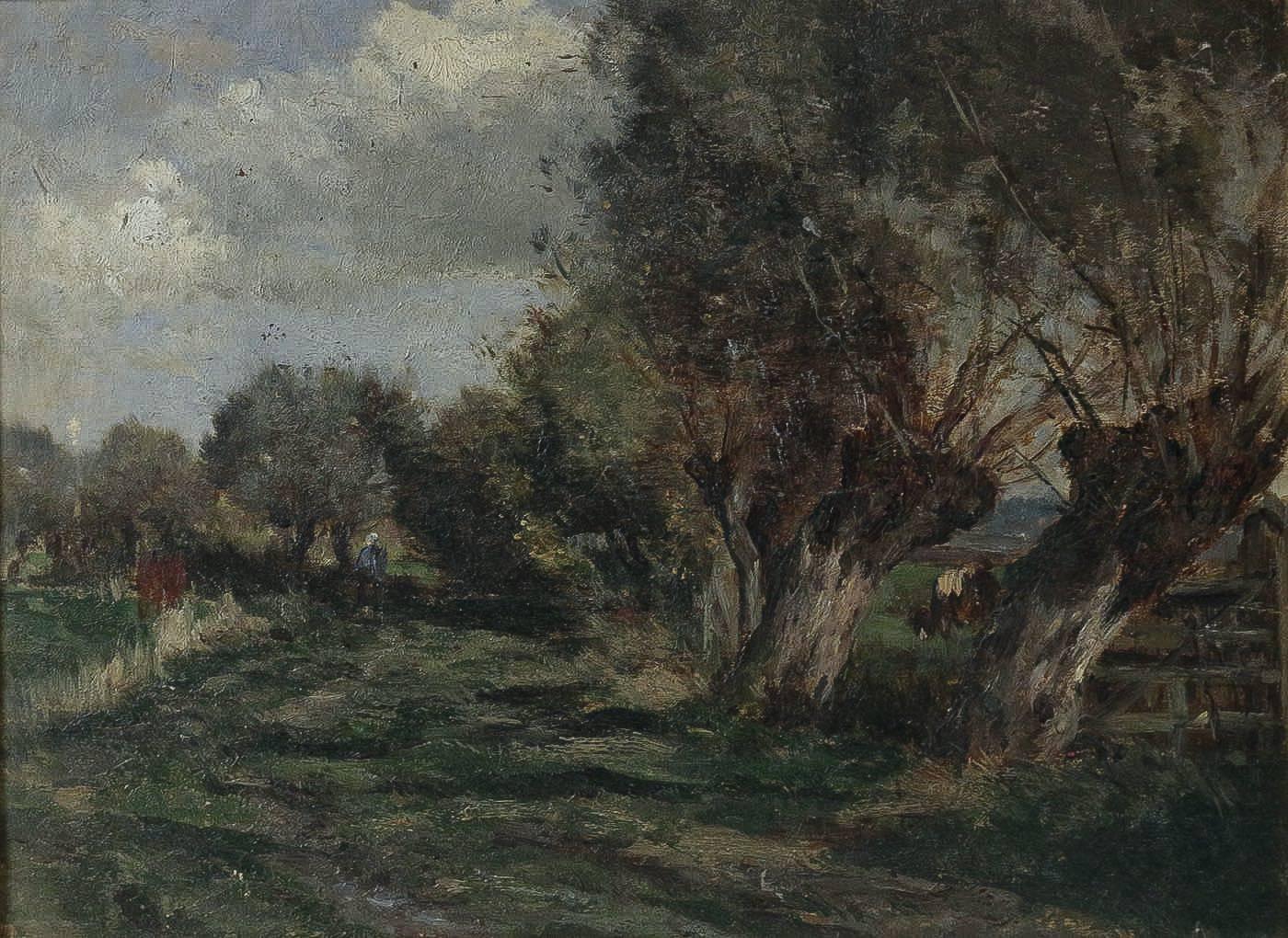 French Barbizon School, a Farmer in Her Field, Oil on Cardboard, circa 1880-1890