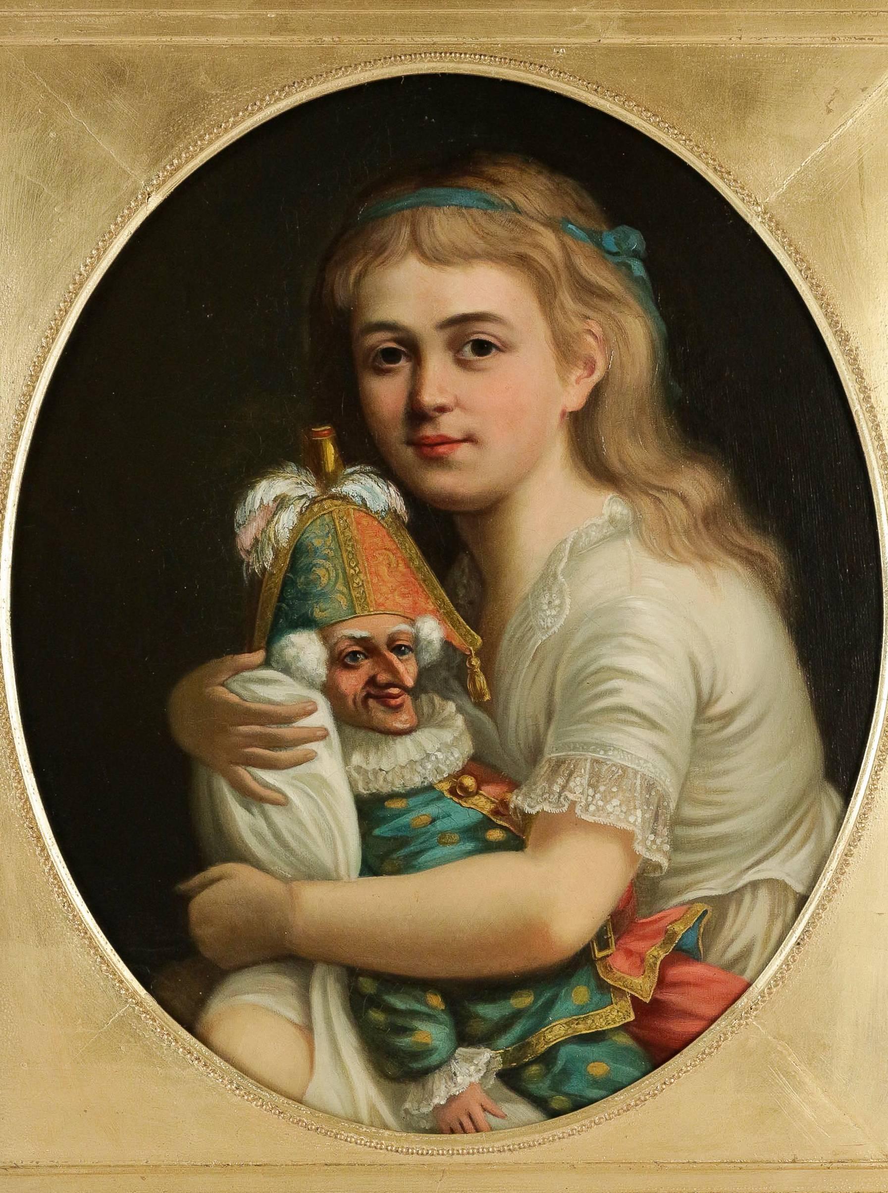 Oiled Romantic French School, The Young Girl to the Buffoon, Oil on Canvas Circa 1830 For Sale